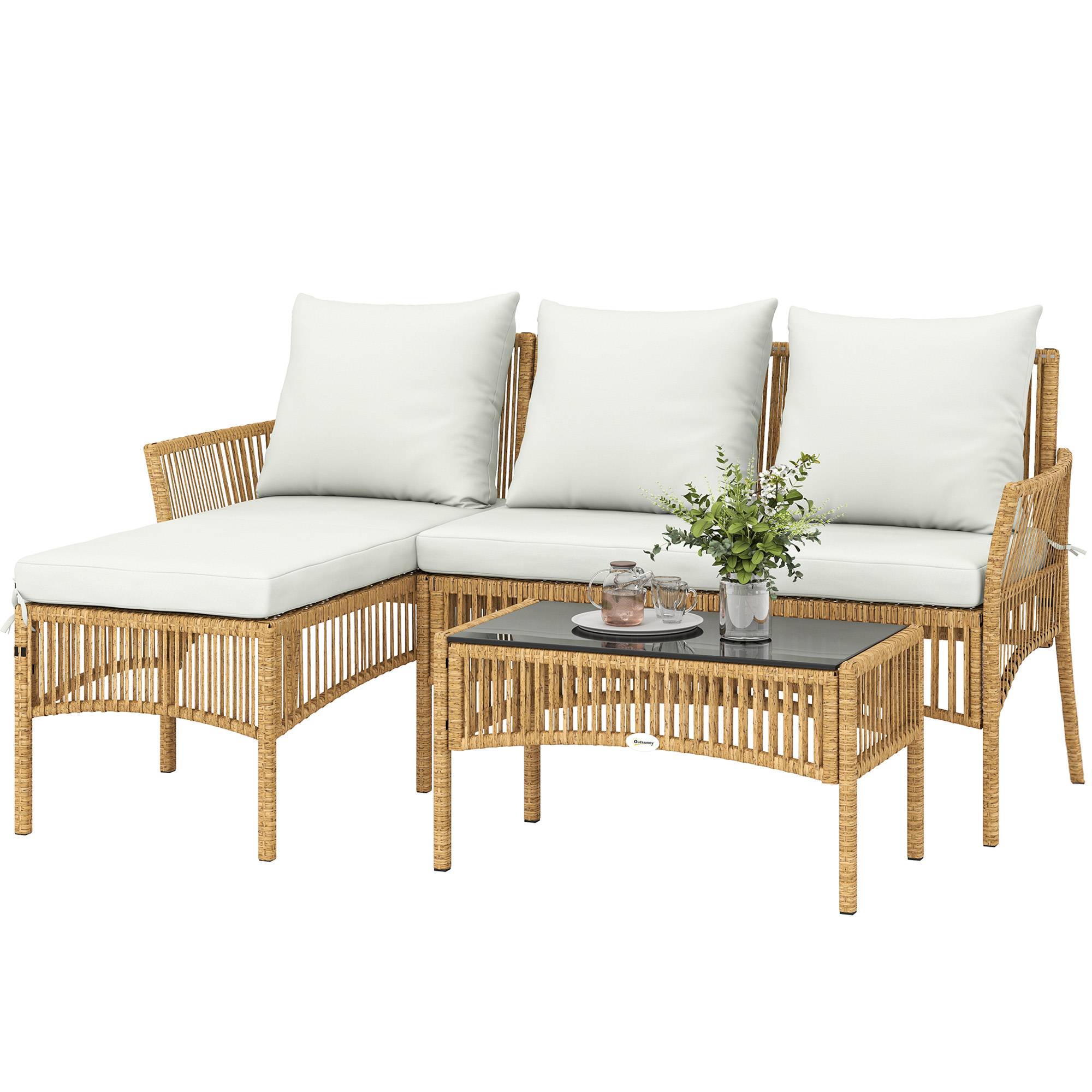 Outsunny - Salon de jardin 4 personnes - canapé 2 places, chaise longue, table basse - résine tressée - 166 x 115 x 79 cm - crème - Outsunny - Image 5