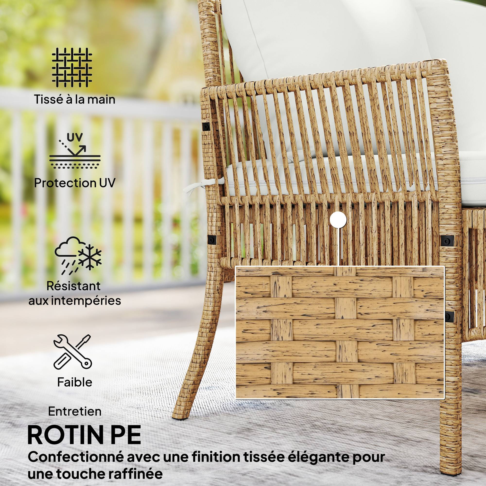 Outsunny - Salon de jardin 4 personnes - canapé 2 places, chaise longue, table basse - résine tressée - 166 x 115 x 79 cm - crème - Outsunny - Image 8