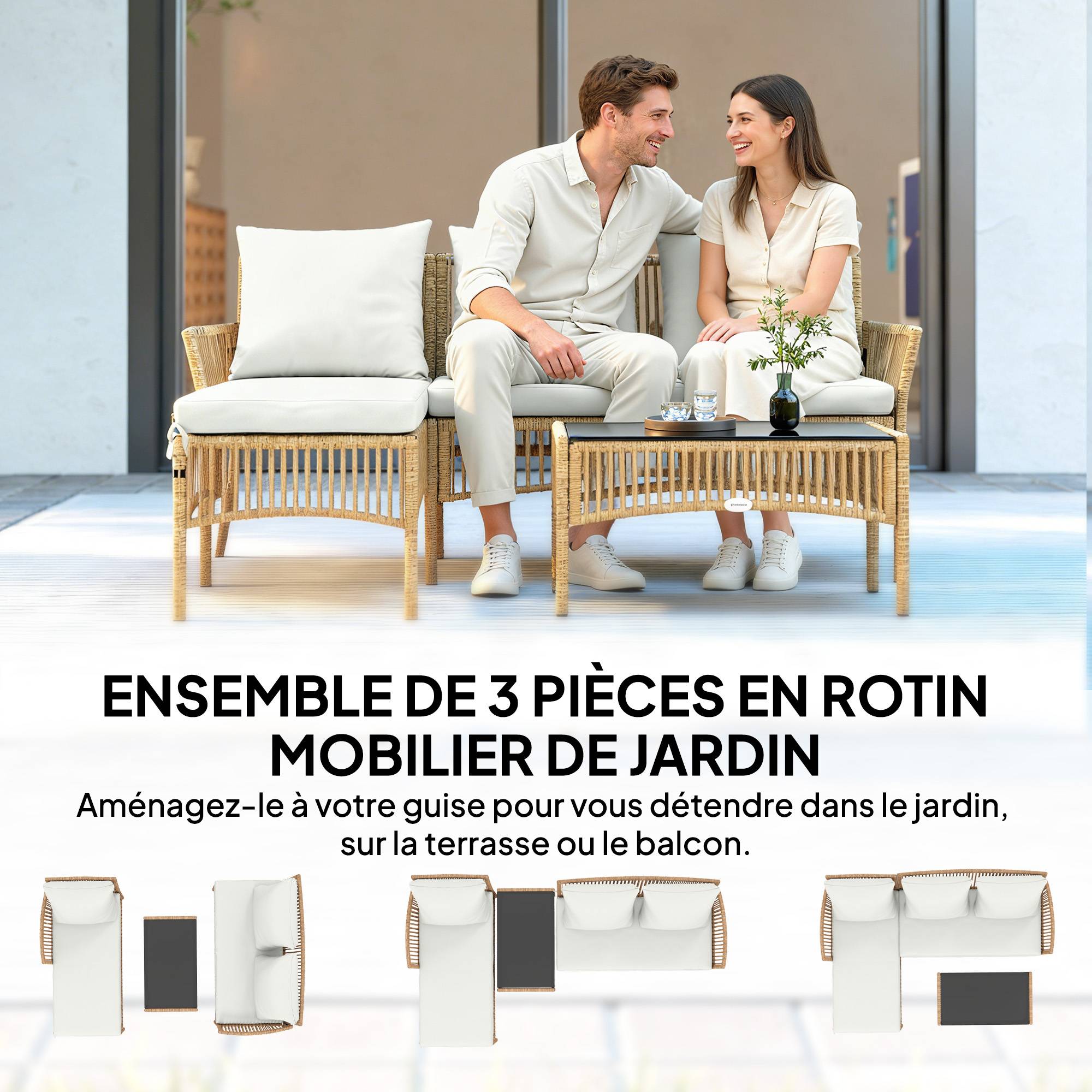 Outsunny - Salon de jardin 4 personnes - canapé 2 places, chaise longue, table basse - résine tressée - 166 x 115 x 79 cm - crème - Outsunny - Image 7