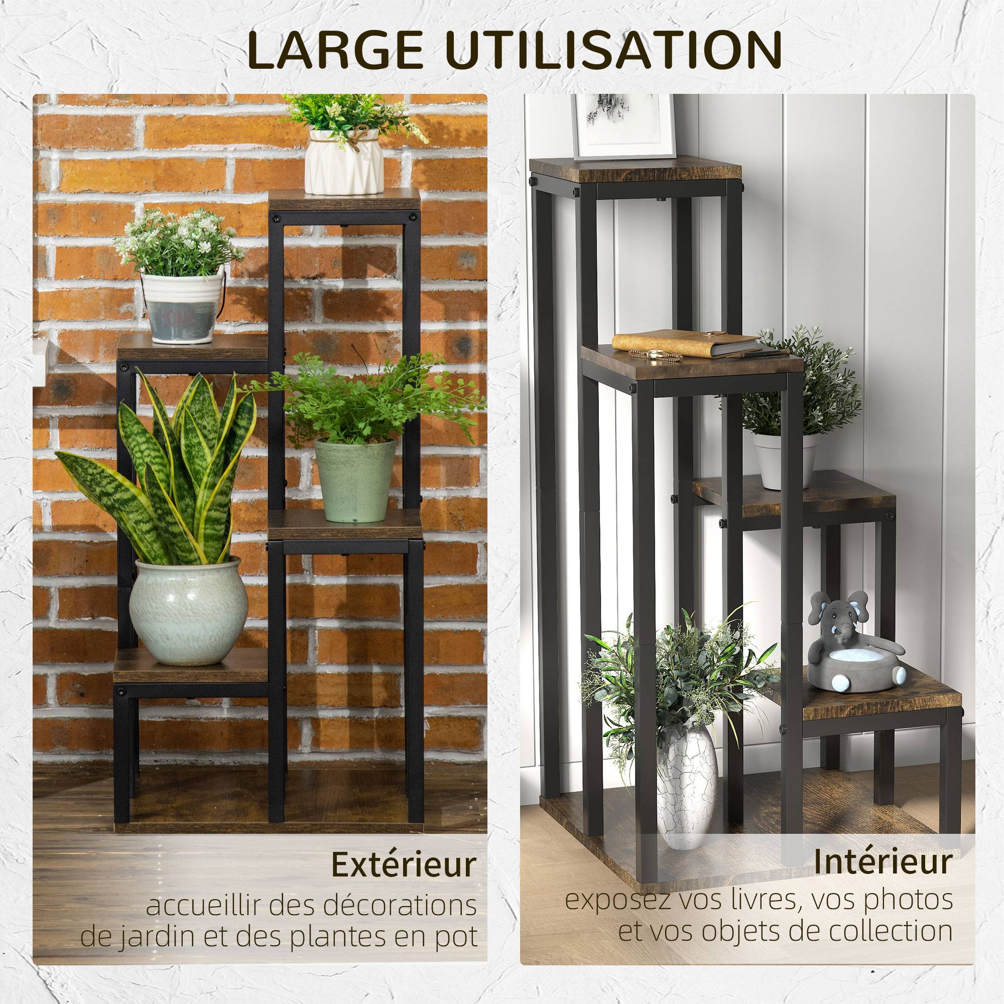 Support pour plantes étagère à fleurs 4 étagères différentes hauteurs structure acier 40 x 40 x 81 cm noir - Image 8