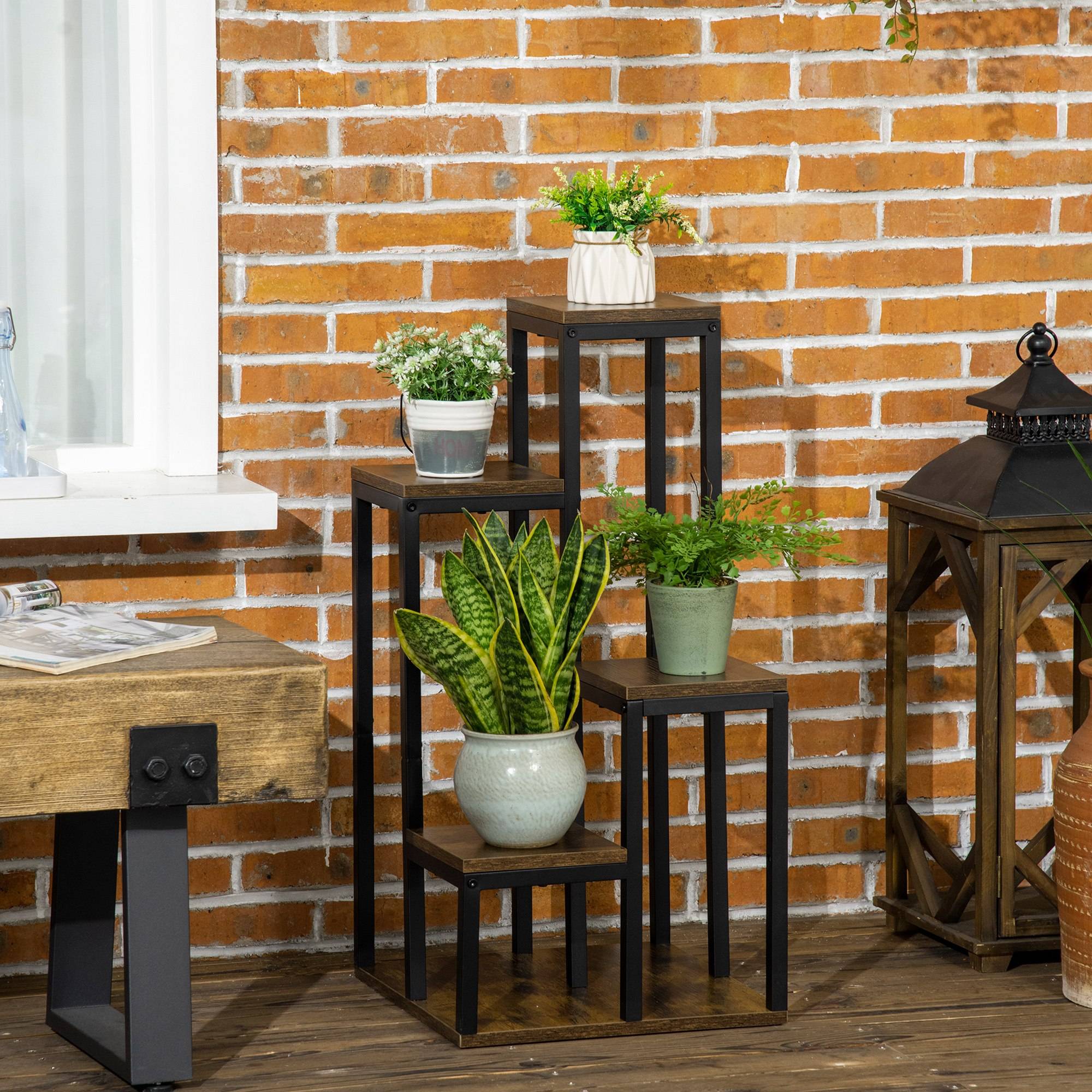 Support pour plantes étagère à fleurs 4 étagères différentes hauteurs structure acier 40 x 40 x 81 cm noir - Image 4