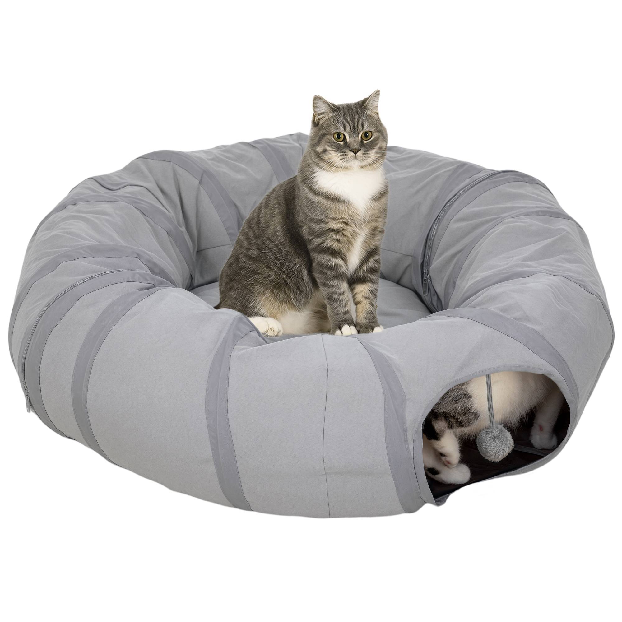 Sans Marque - Tunnel pour chat intérieur rond tunnel avec lit et coussin, pliable, avec trous pour balles et judas, Ø 90 x 27 cm gris