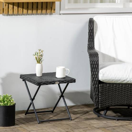 Table d'appoint pliante polyrotin et acier pour balcon terrasse noir 40x40cm - ComfortXL Outdoor Living - Image 1