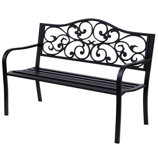 Banc de jardin 2 places avec dossier décoré en fonte et métal, 127 x 60 x 89 cm, noir - Image 1