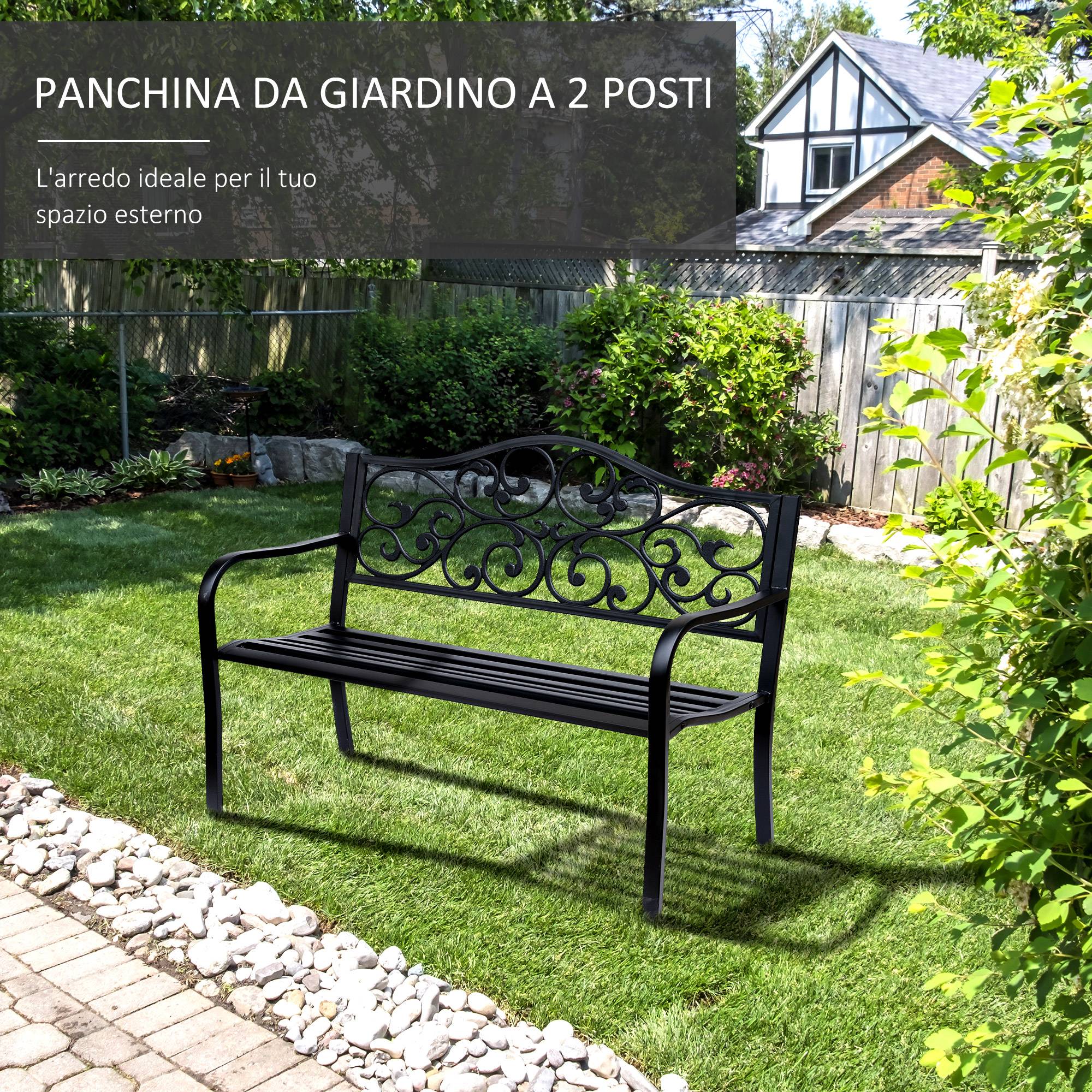 Banc de jardin 2 places avec dossier décoré en fonte et métal, 127 x 60 x 89 cm, noir - Image 6