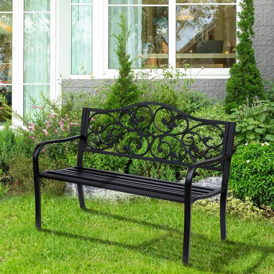 Banc de jardin 2 places avec dossier décoré en fonte et métal, 127 x 60 x 89 cm, noir - Image 3