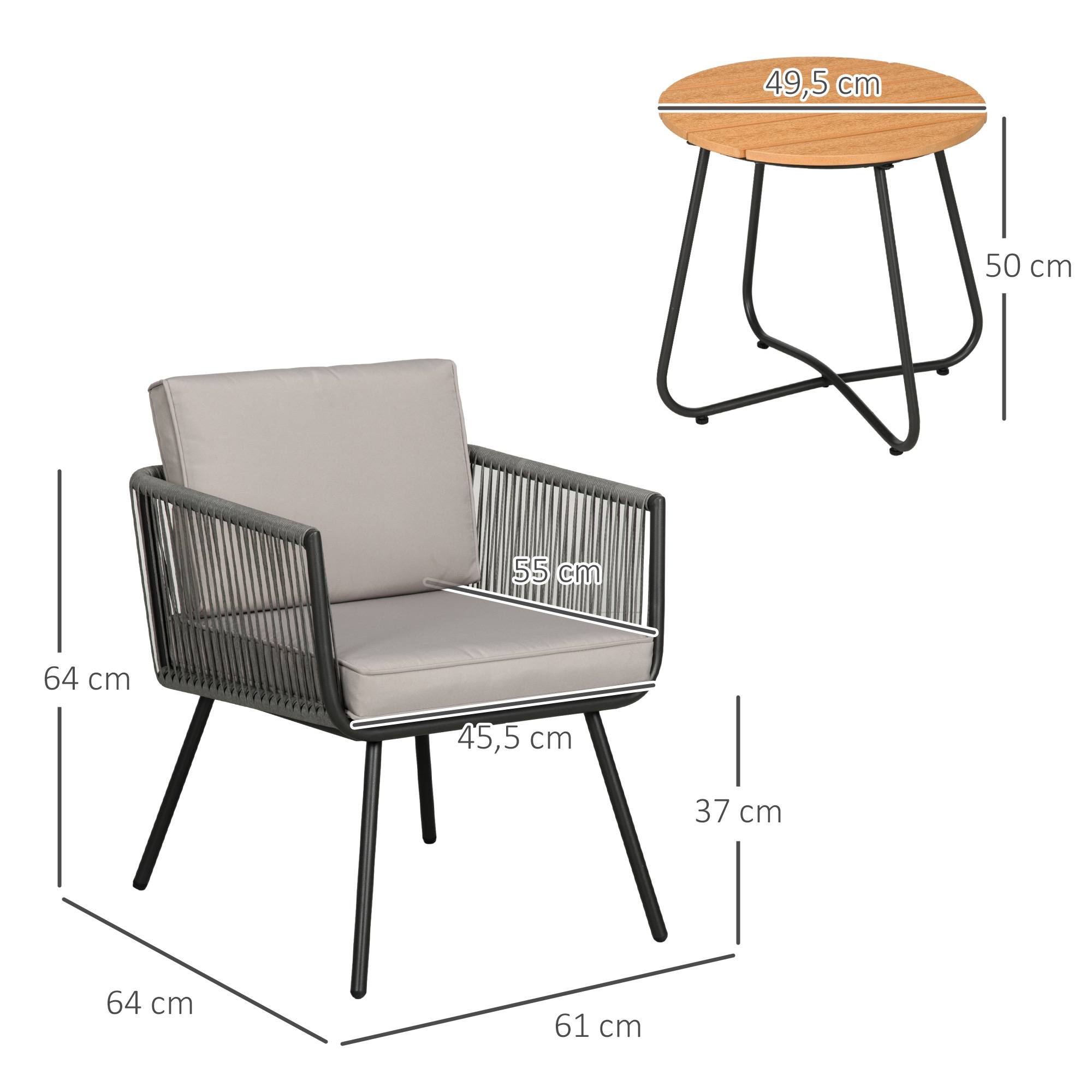 Outsunny - Ensemble bistro de jardin 2 places 3 pièces style contemporain coussins gris acier époxy noir résine filaire grise - Outsunny - Imagen 3