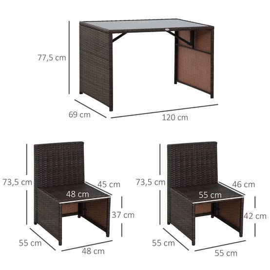 Salon de jardin 5 pièces résine tressée balcon terrasse 4 personnes encastrable marron kaki - ComfortXL Outdoor Living - Image 3