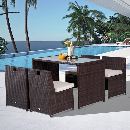 Salon de jardin 5 pièces résine tressée balcon terrasse 4 personnes encastrable marron kaki - ComfortXL Outdoor Living - Image 1