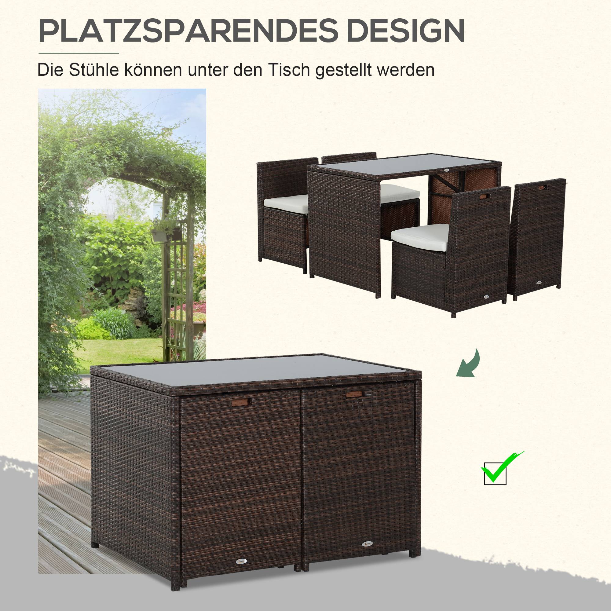 Salon de jardin 5 pièces résine tressée balcon terrasse 4 personnes encastrable marron kaki - ComfortXL Outdoor Living - Image 6