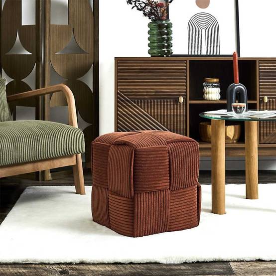 Pouf cube en velours côtelé tressé coloris terracotta - AMORY - Image 2