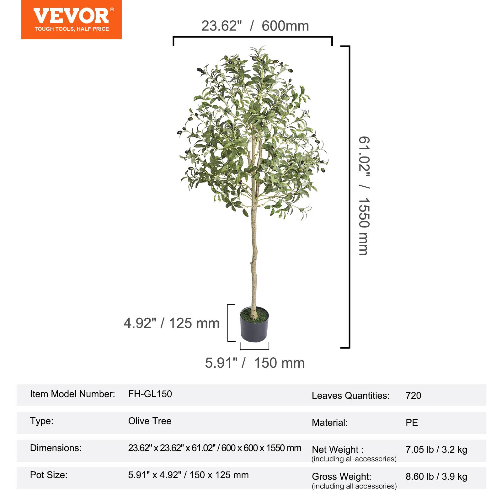 VEVOR Arbre artificiel Olivier 155 cm PE, pot, décoration style fausse plante pour intérieur/extérieur. - Image 7