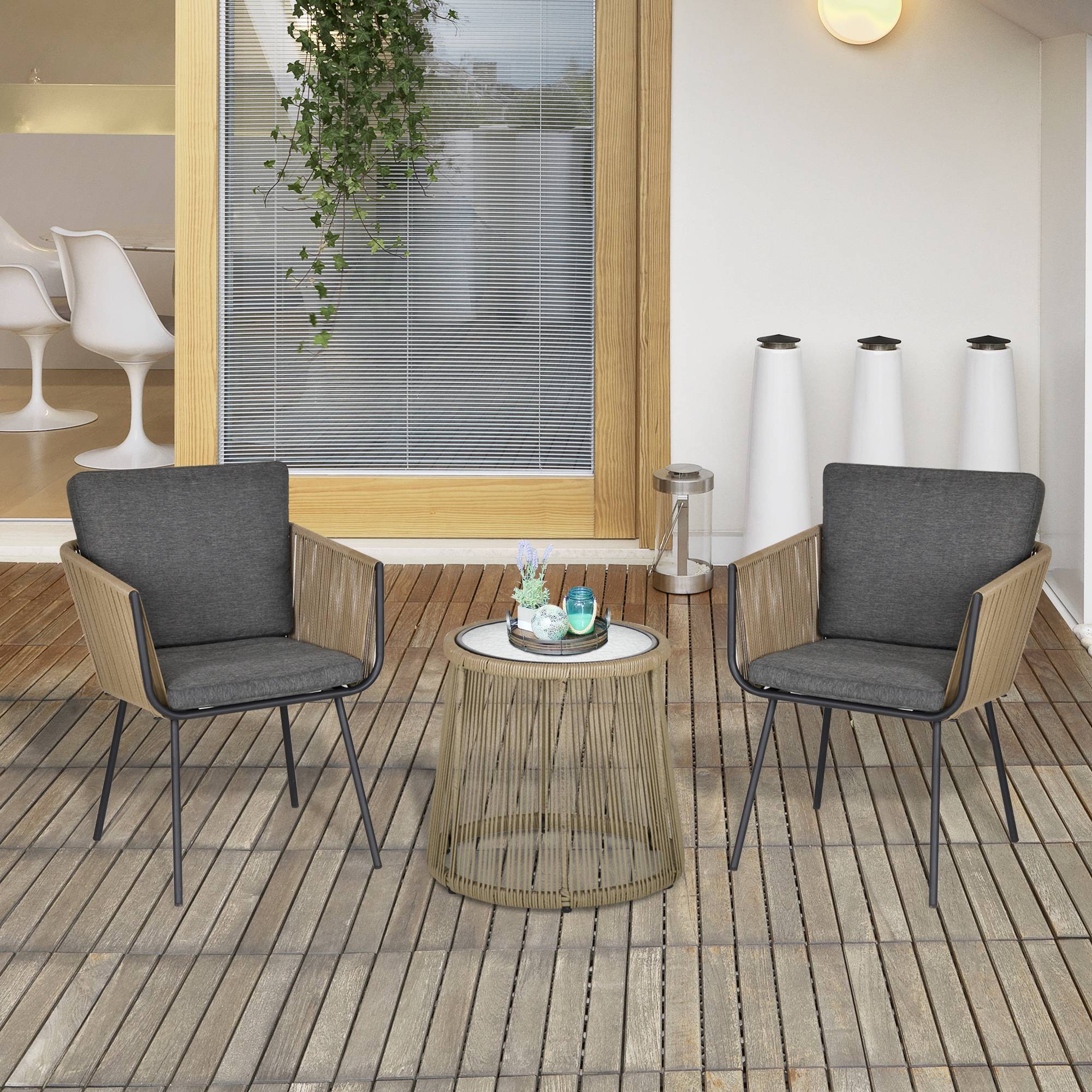 Outsunny - Ensemble salon de jardin 3 pièces style colonial 2 fauteuils avec coussins gris + table basse résine filaire beige - Outsunny - Imagen 2