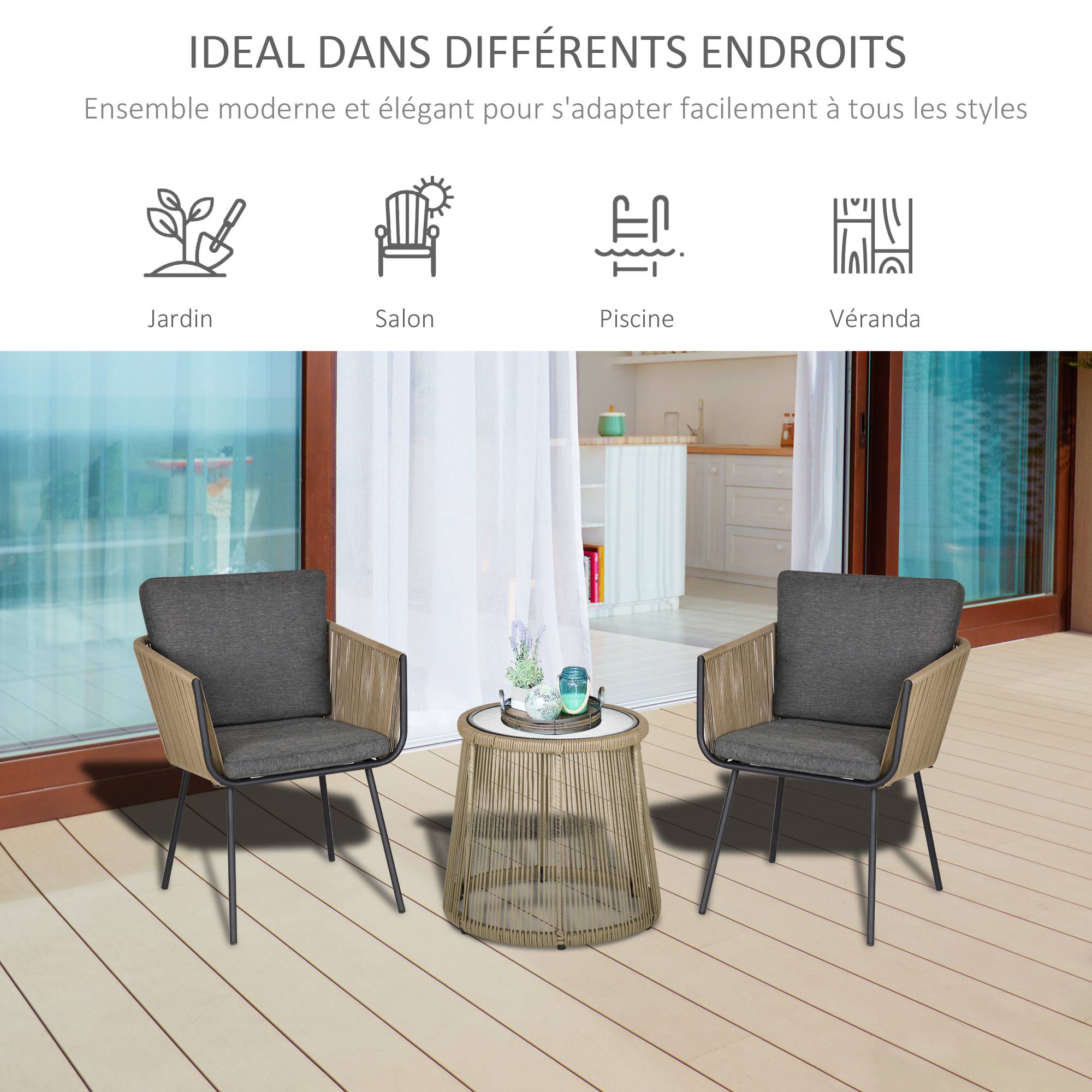 Outsunny - Ensemble salon de jardin 3 pièces style colonial 2 fauteuils avec coussins gris + table basse résine filaire beige - Outsunny - Imagen 5