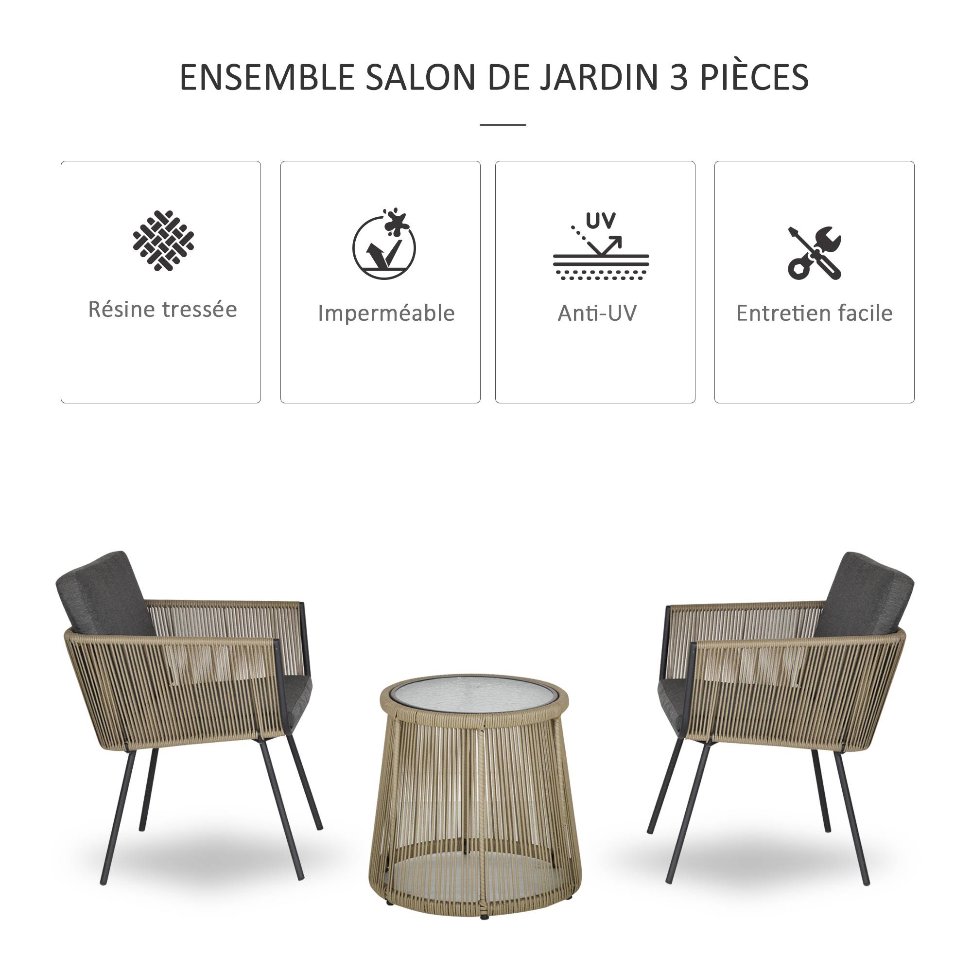 Outsunny - Ensemble salon de jardin 3 pièces style colonial 2 fauteuils avec coussins gris + table basse résine filaire beige - Outsunny - Imagen 4