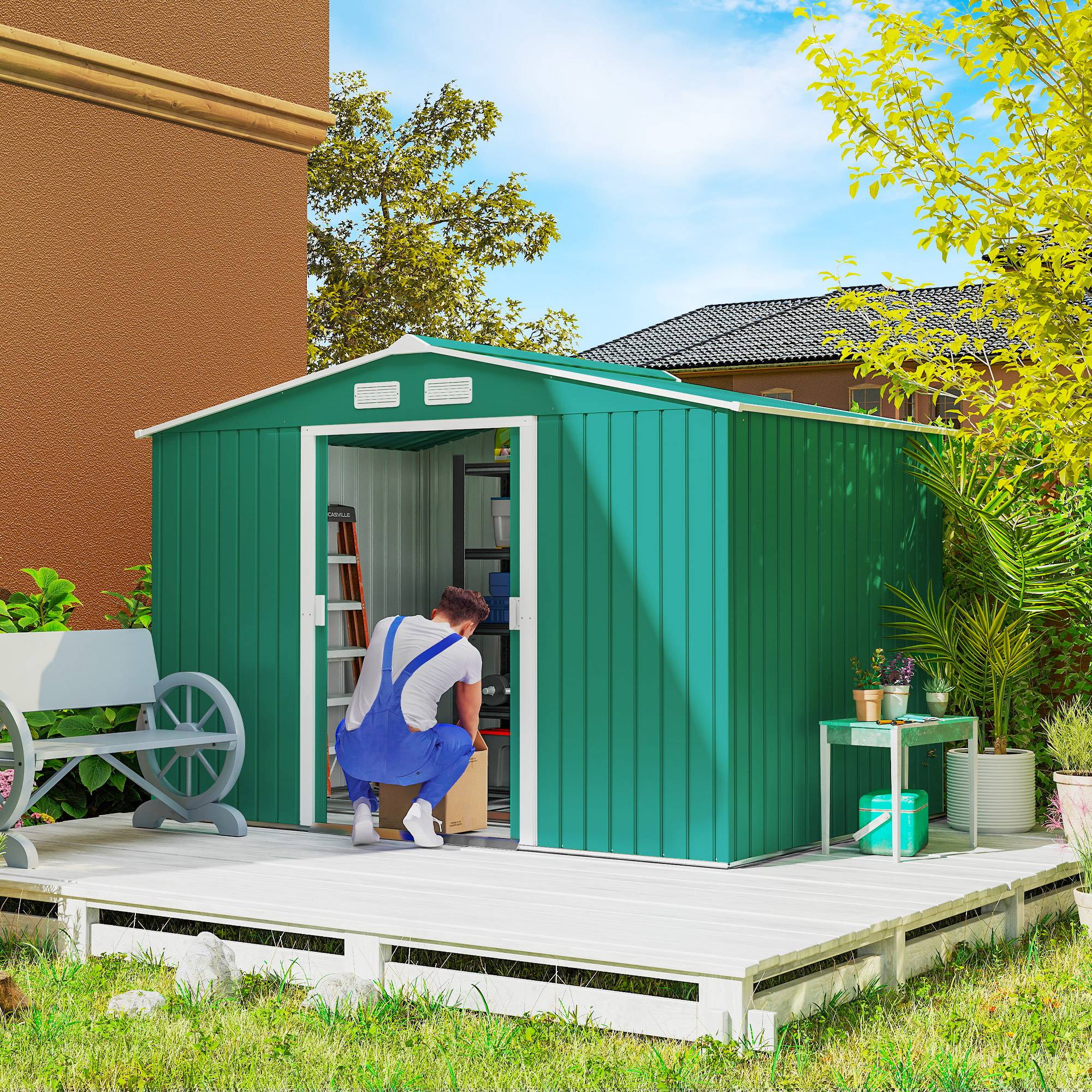 Abri de jardin 4,9 m² 277 x 195 x 192 cm avec 2 portes coulissantes, base renforcée (plancher non inclus), vert foncé - Image 3