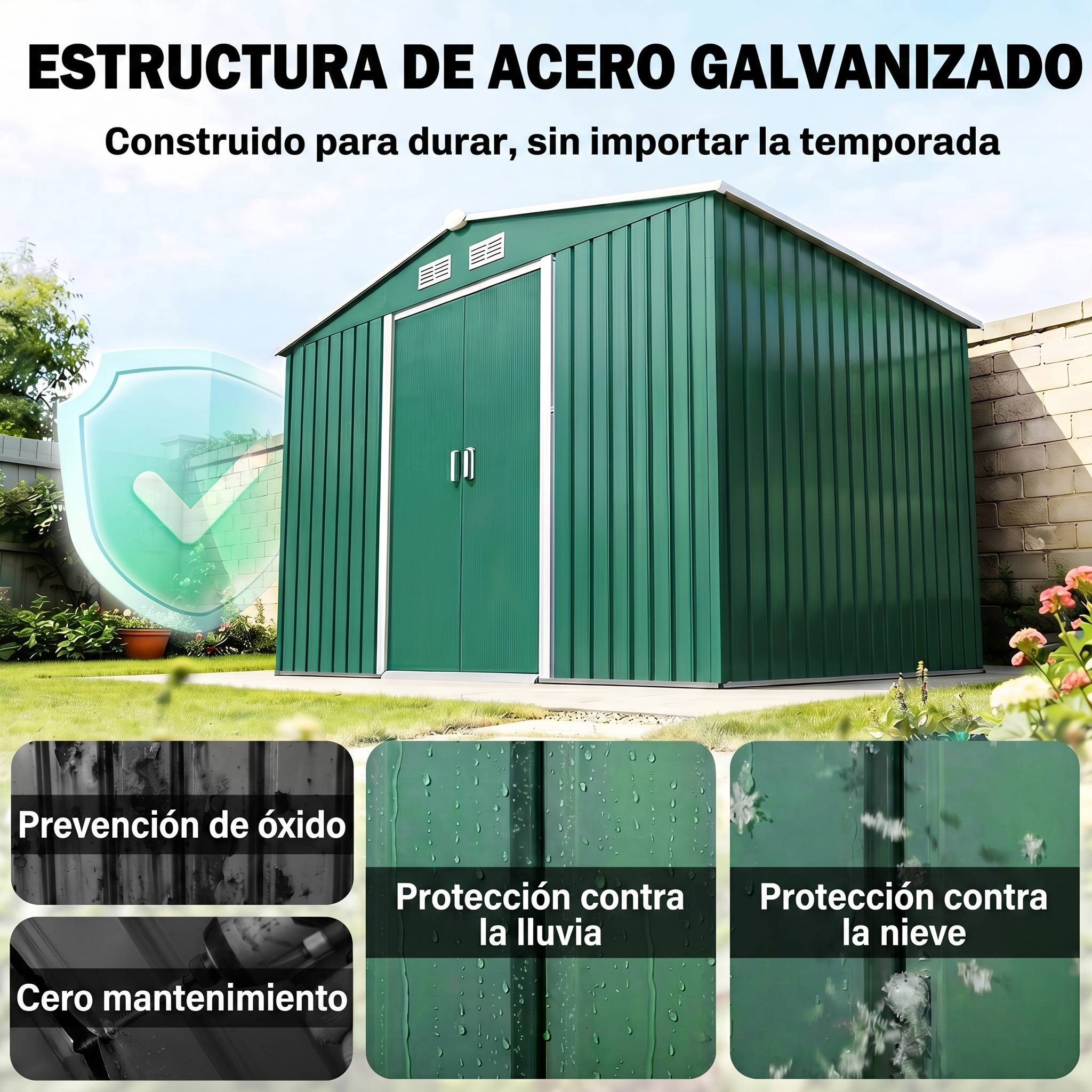 Abri de jardin 4,9 m² 277 x 195 x 192 cm avec 2 portes coulissantes, base renforcée (plancher non inclus), vert foncé - Image 6