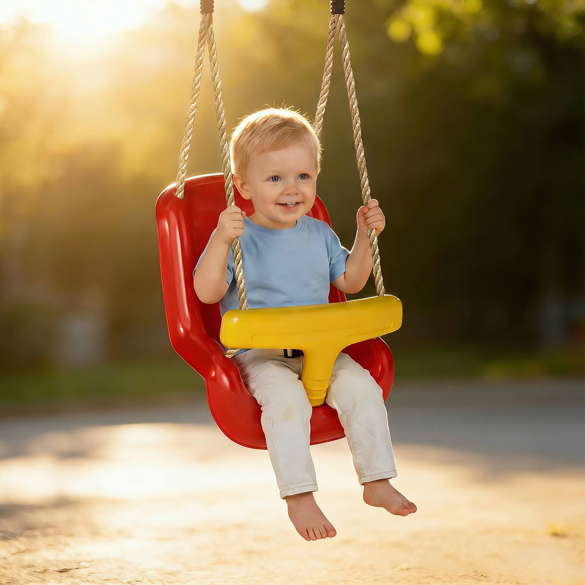 Balançoire pour enfants, balançoire bébé extérieure, dossier haut, barre de sécurité, hauteur ajustable, rouge et jaune - Image 9