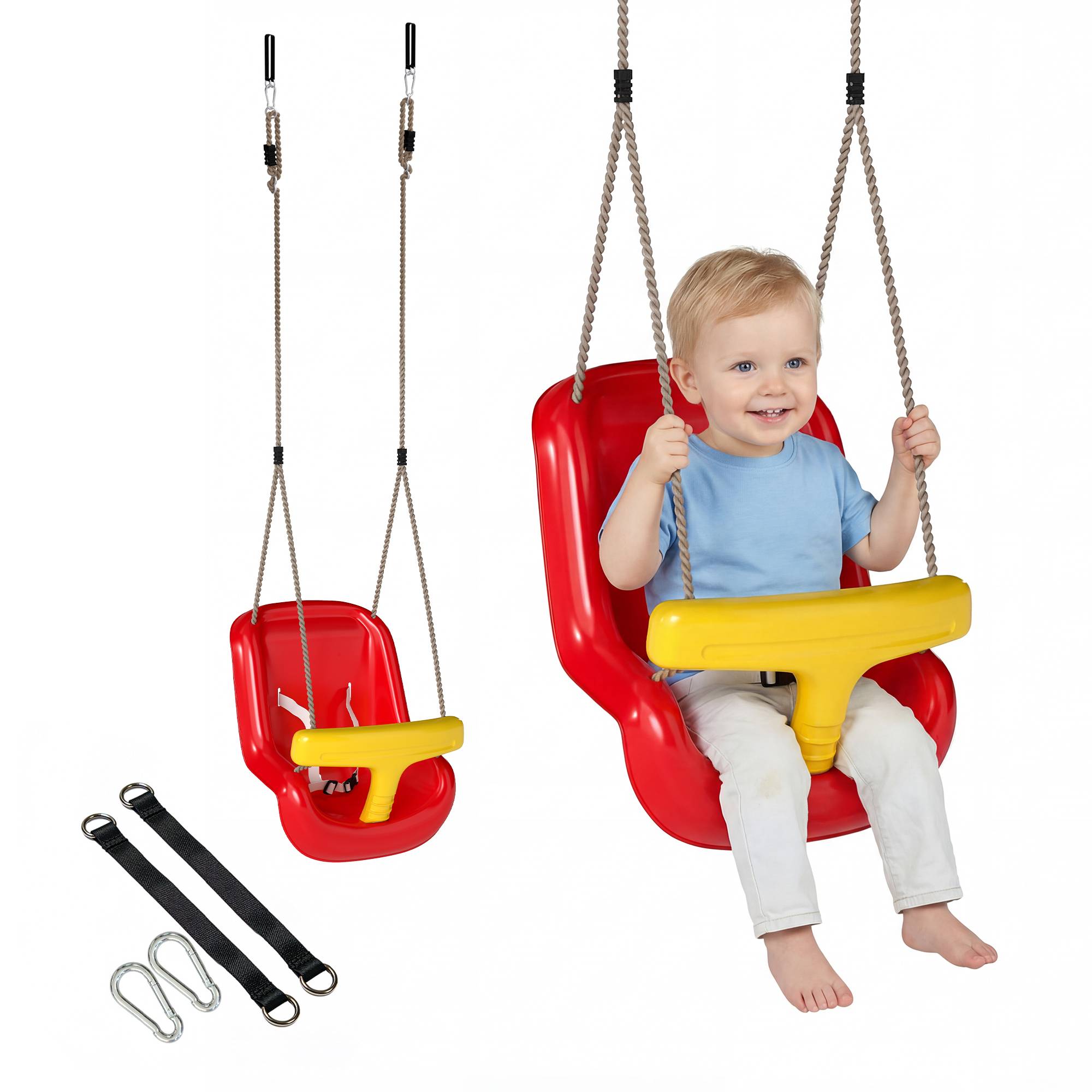 Balançoire pour enfants, balançoire bébé extérieure, dossier haut, barre de sécurité, hauteur ajustable, rouge et jaune - Image 1