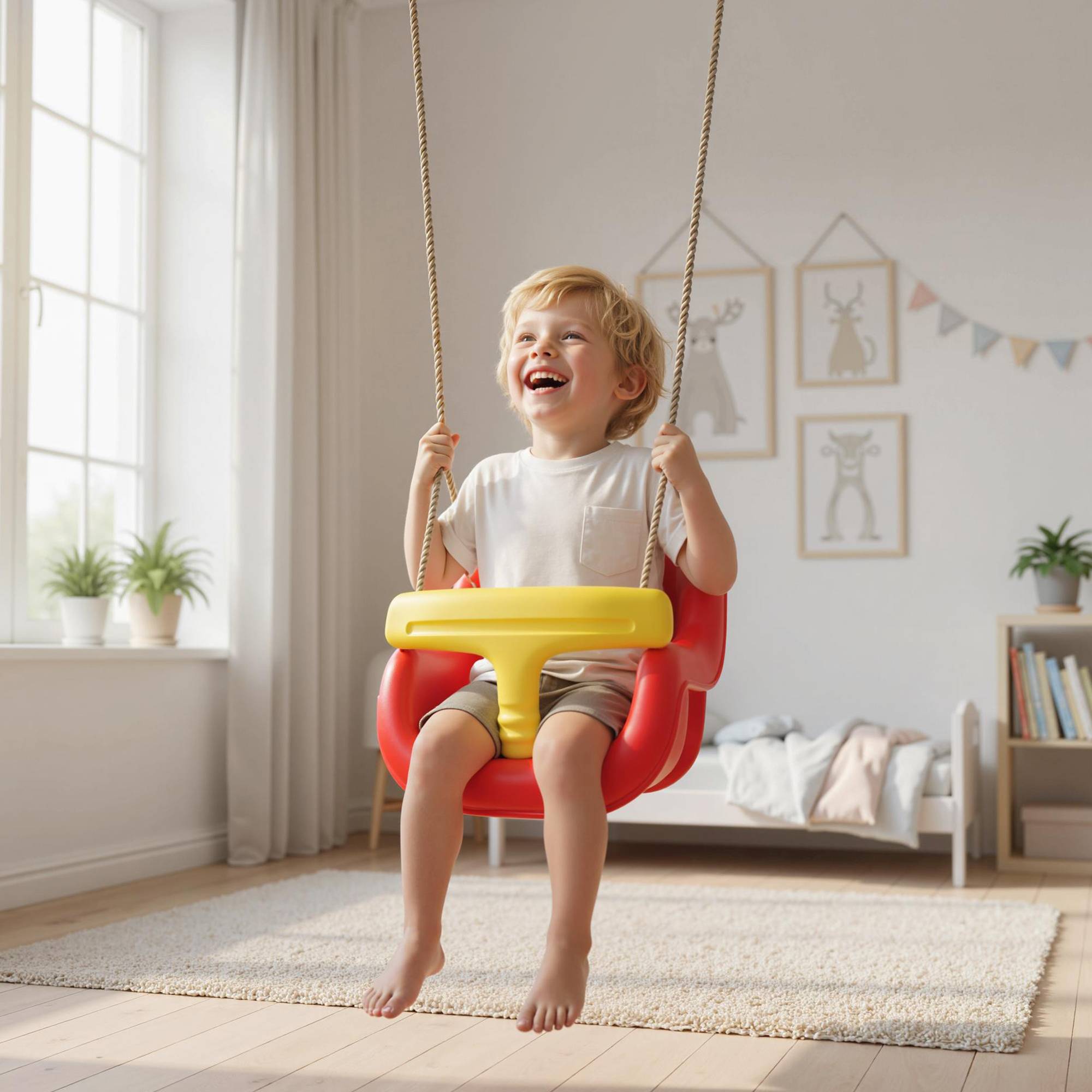 Balançoire pour enfants, balançoire bébé extérieure, dossier haut, barre de sécurité, hauteur ajustable, rouge et jaune - Image 3