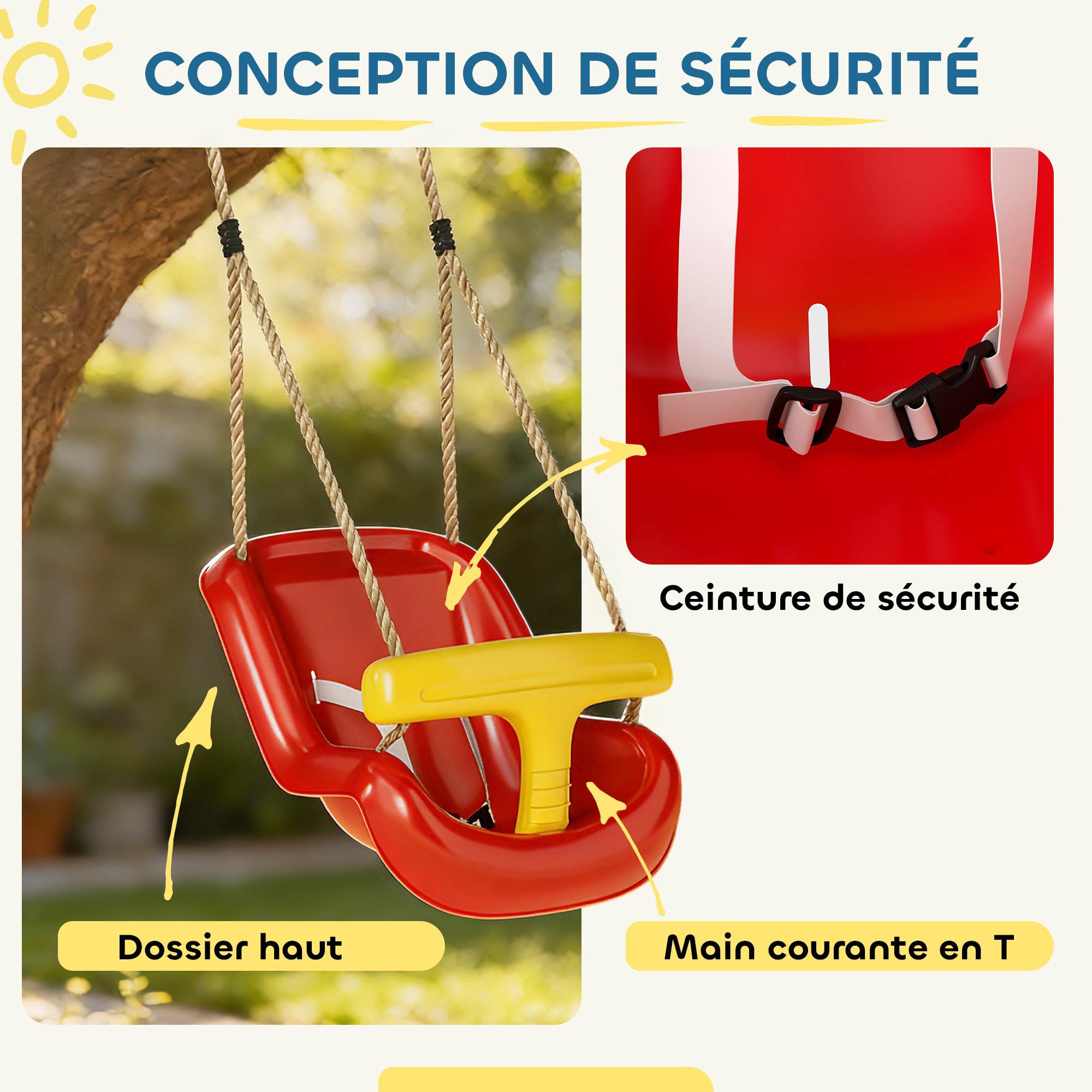 Balançoire pour enfants, balançoire bébé extérieure, dossier haut, barre de sécurité, hauteur ajustable, rouge et jaune - Image 7