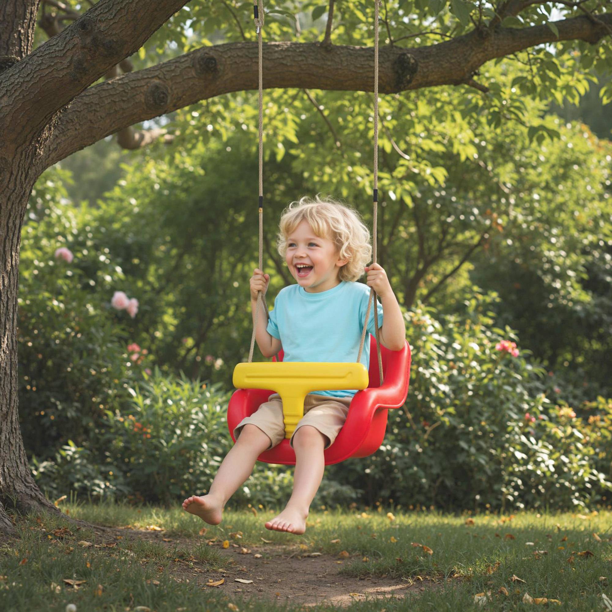 Balançoire pour enfants, balançoire bébé extérieure, dossier haut, barre de sécurité, hauteur ajustable, rouge et jaune - Image 4
