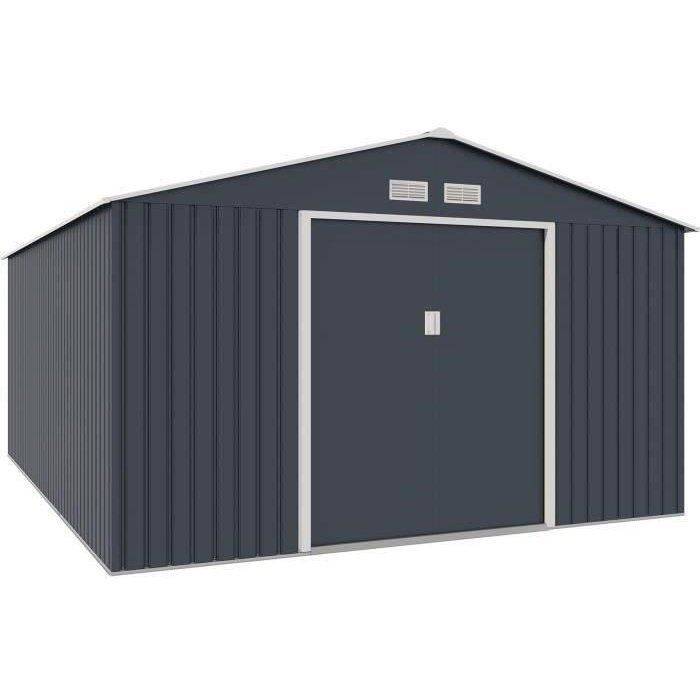 Sans Marque - Abri de jardin en métal 15,16 m² - 340 x 446 x 210 - SATURNE - Kit d'ancrage inclus, 2 portes coulissantes - Gris