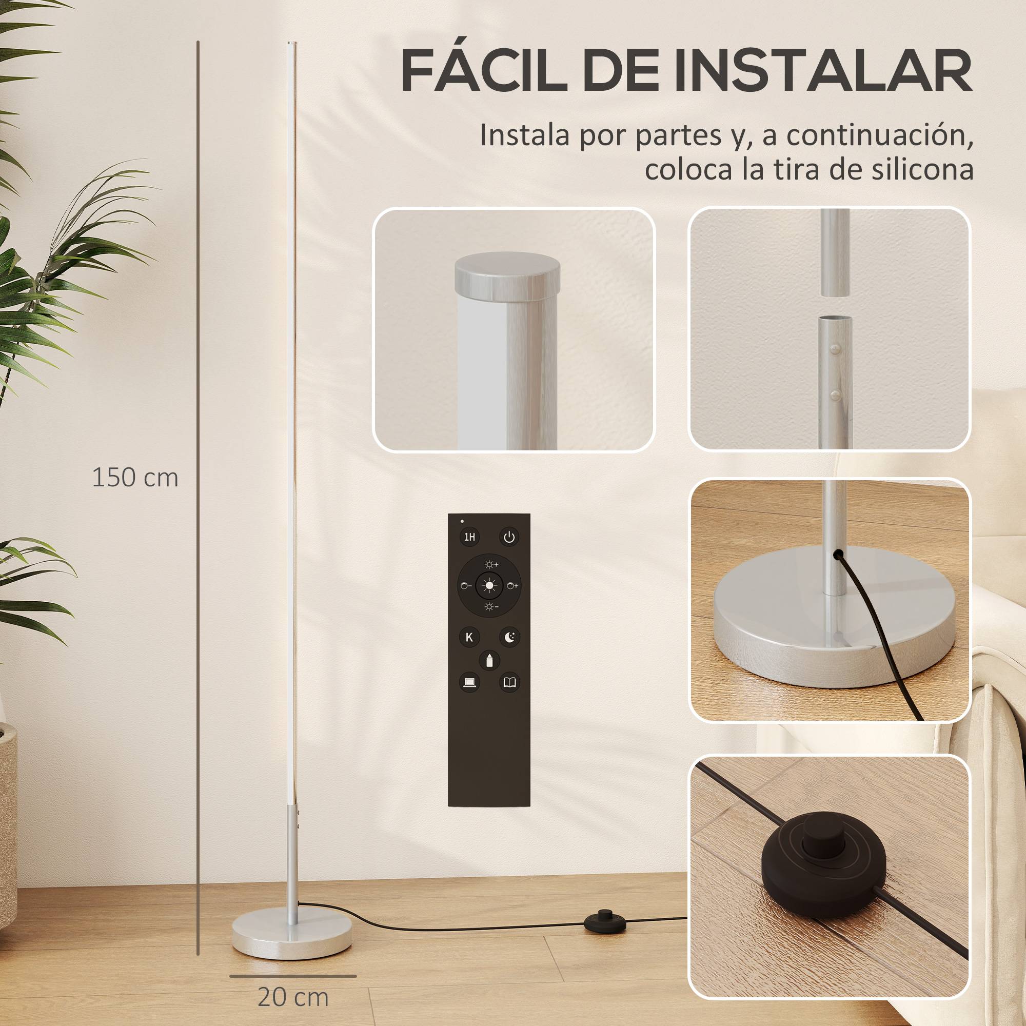 Lampadaire gris argenté salon teinte lumineuse ajustable avec télécommande magnétique - Image 9