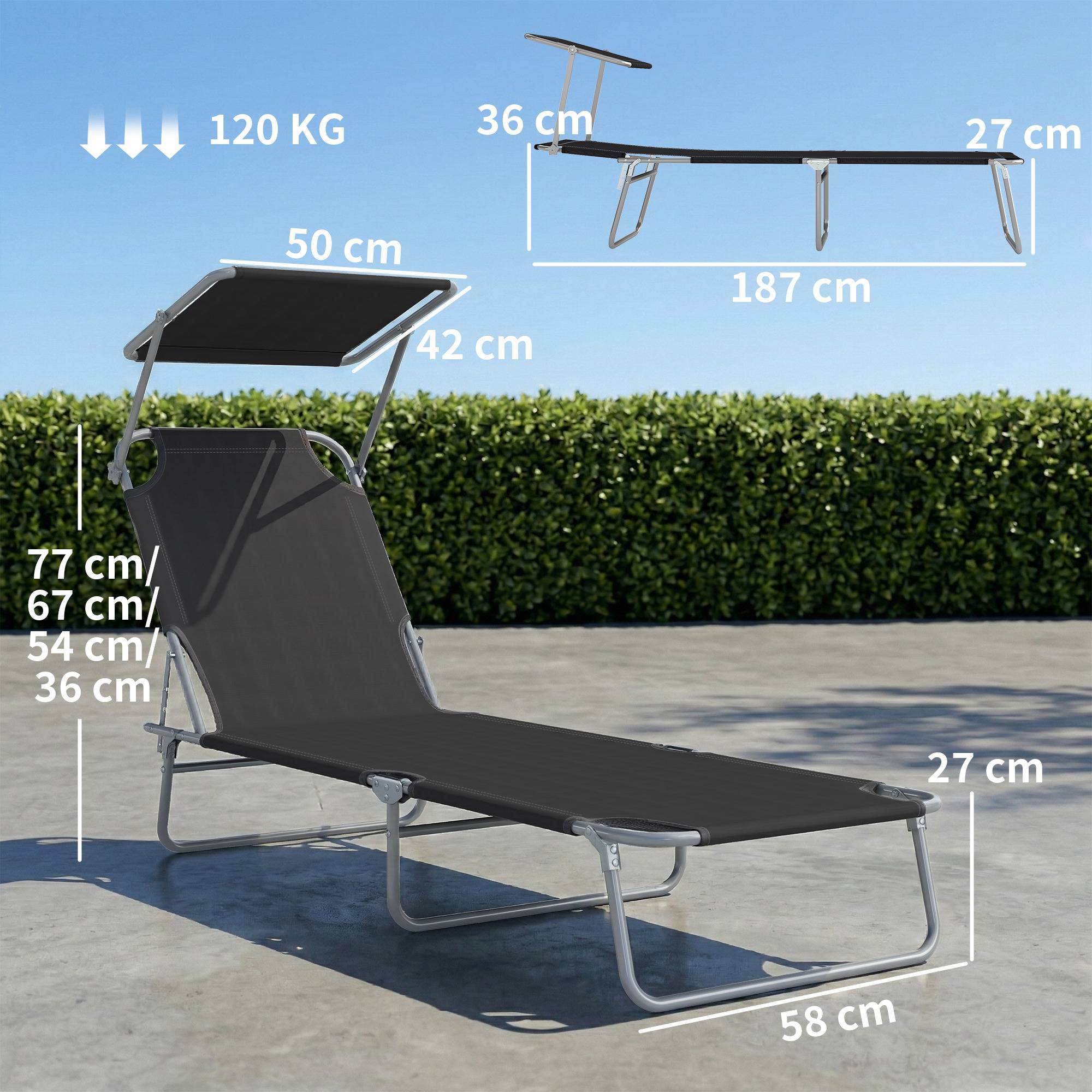 Transat Bain de Soleil noir pliable grand confort, dossier multi-positions et pare-soleil réglable, dimensions 187×58×36cm - Image 5