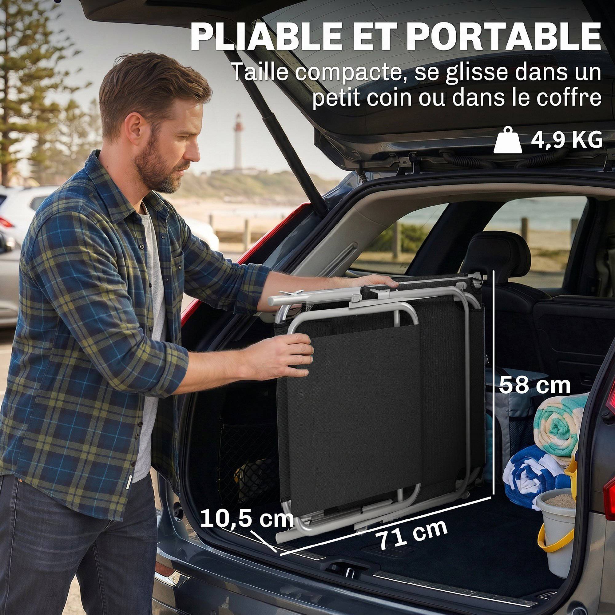 Transat Bain de Soleil noir pliable grand confort, dossier multi-positions et pare-soleil réglable, dimensions 187×58×36cm - Image 9