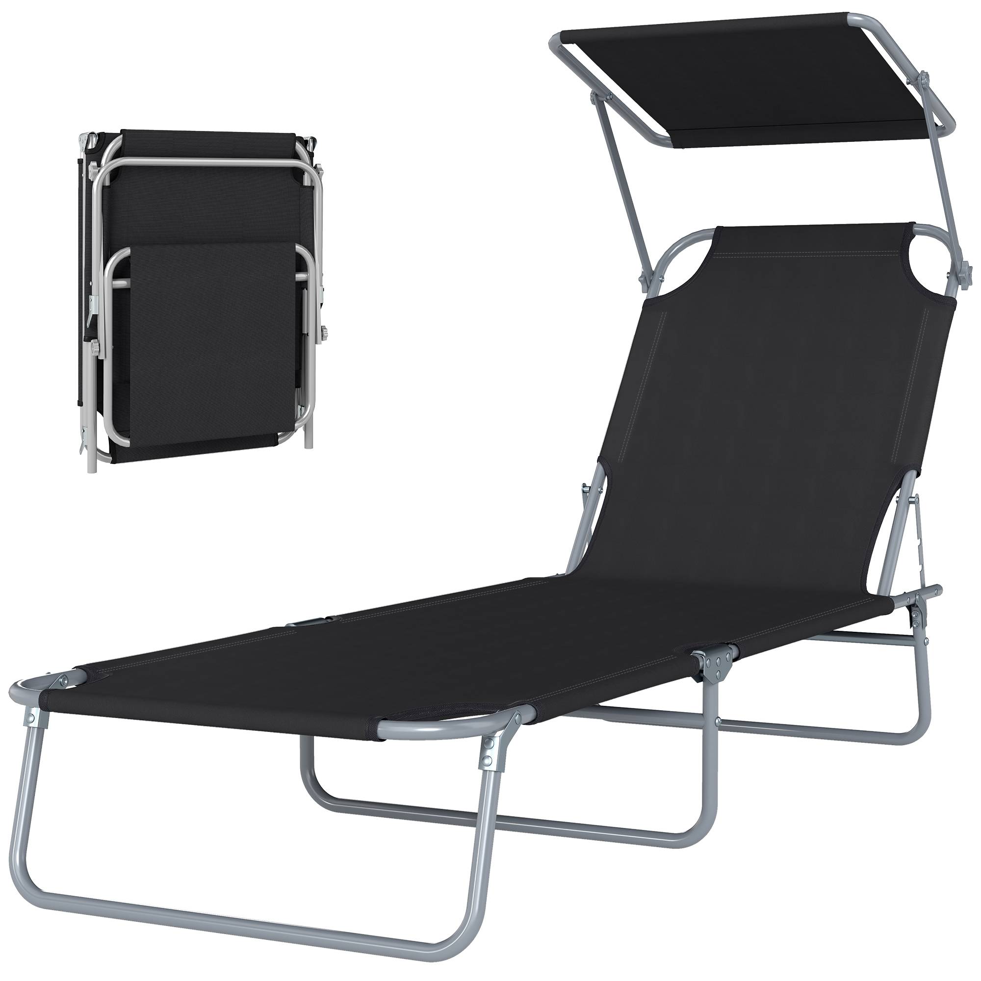 Transat Bain de Soleil noir pliable grand confort, dossier multi-positions et pare-soleil réglable, dimensions 187×58×36cm - Image 2