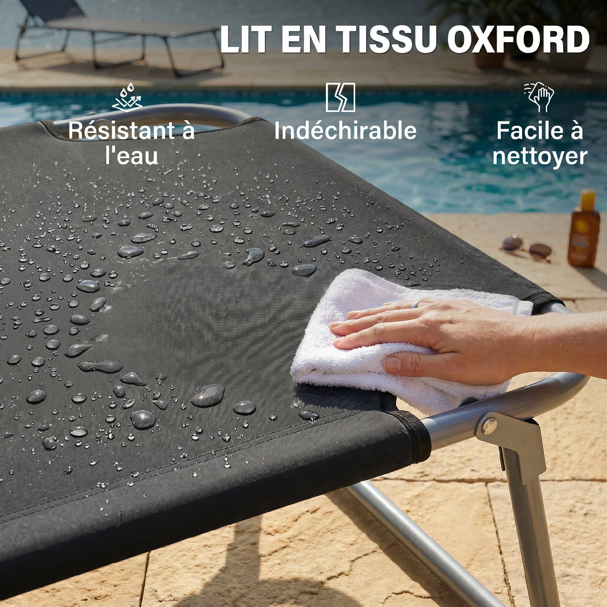 Transat Bain de Soleil noir pliable grand confort, dossier multi-positions et pare-soleil réglable, dimensions 187×58×36cm - Image 8
