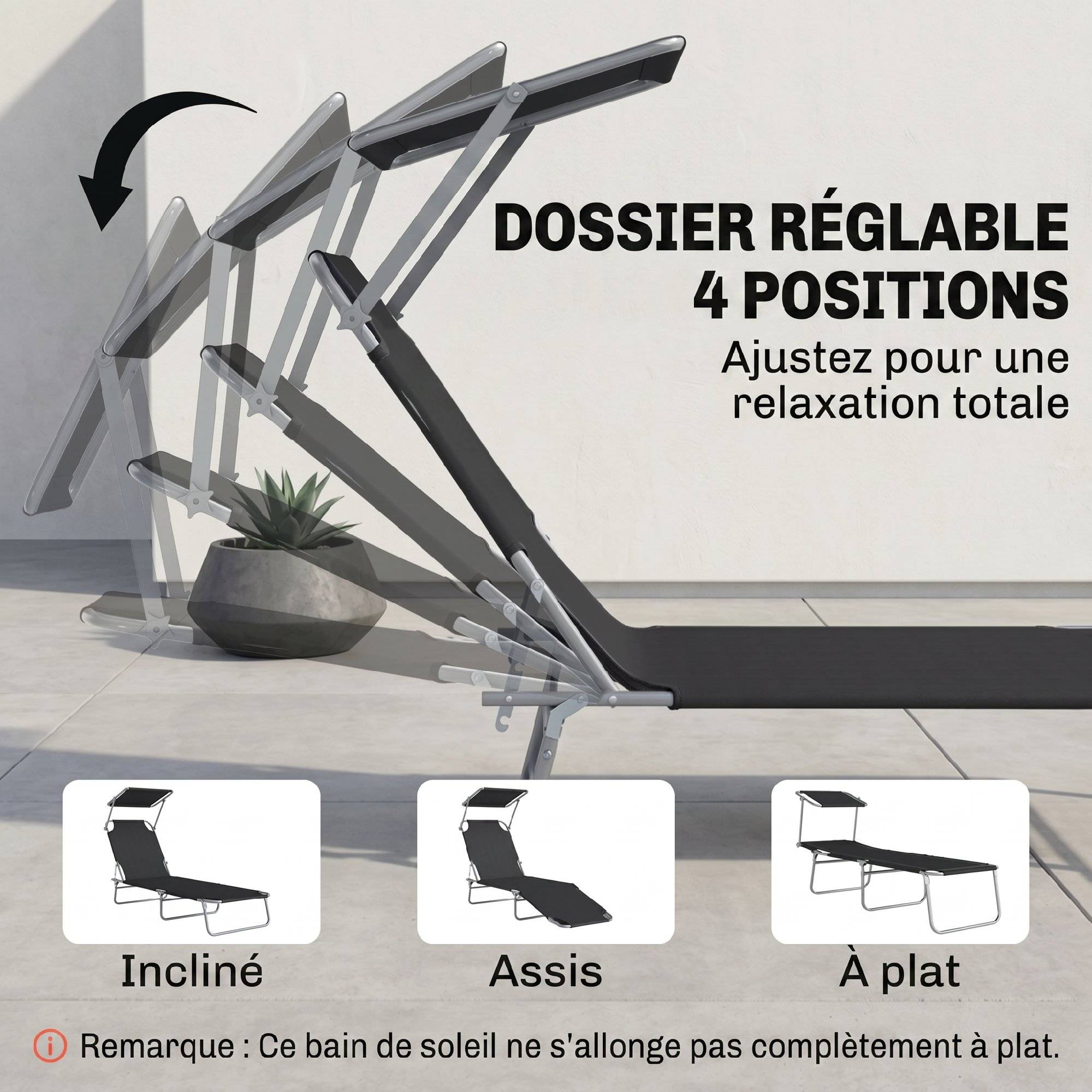 Transat Bain de Soleil noir pliable grand confort, dossier multi-positions et pare-soleil réglable, dimensions 187×58×36cm - Image 7