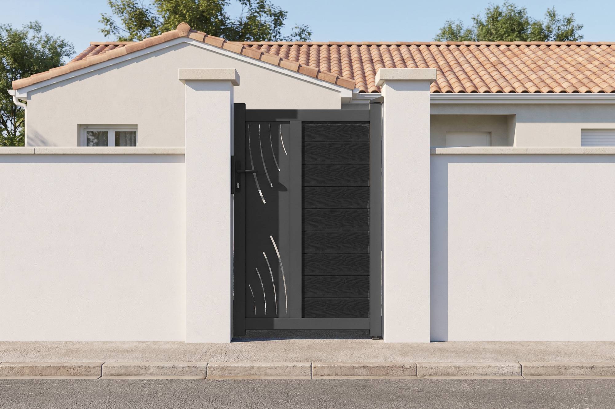 CASANOOV - Portillon bois composite 1m ATHOS VELETA H.160cm gris anthracite avec cadre aluminium + 2 poteaux EIFEL aluminium 15x15cm