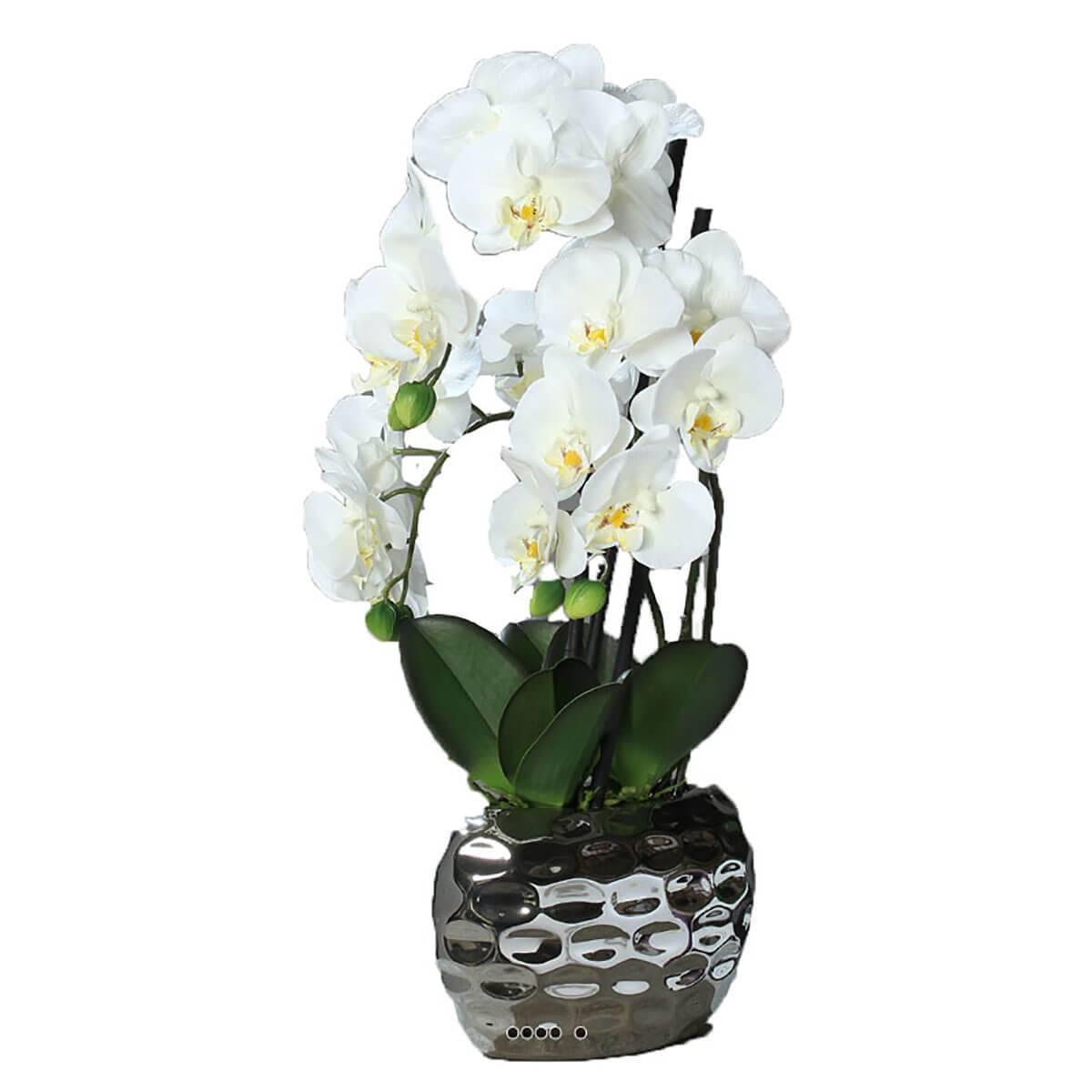 Artificielles - Orchidee artificielle 3 hampes en pot ceramique Argent H 55 cm Crème - couleur: Crème - Imagen 1