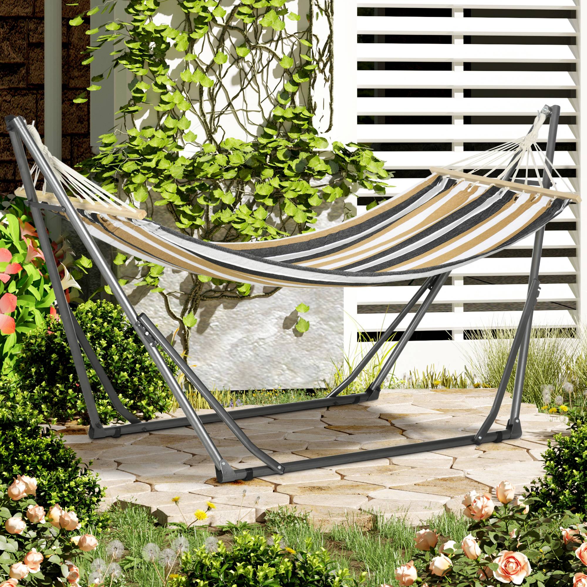 Hamac de jardin pliable acier et coton multicolore 270 x 100 x 94 cm - PANGIVO - Image 4