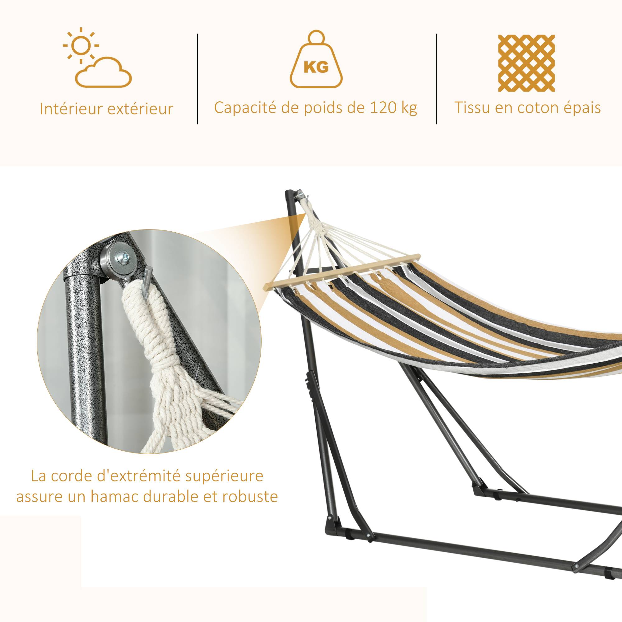 Hamac de jardin pliable acier et coton multicolore 270 x 100 x 94 cm - PANGIVO - Image 9