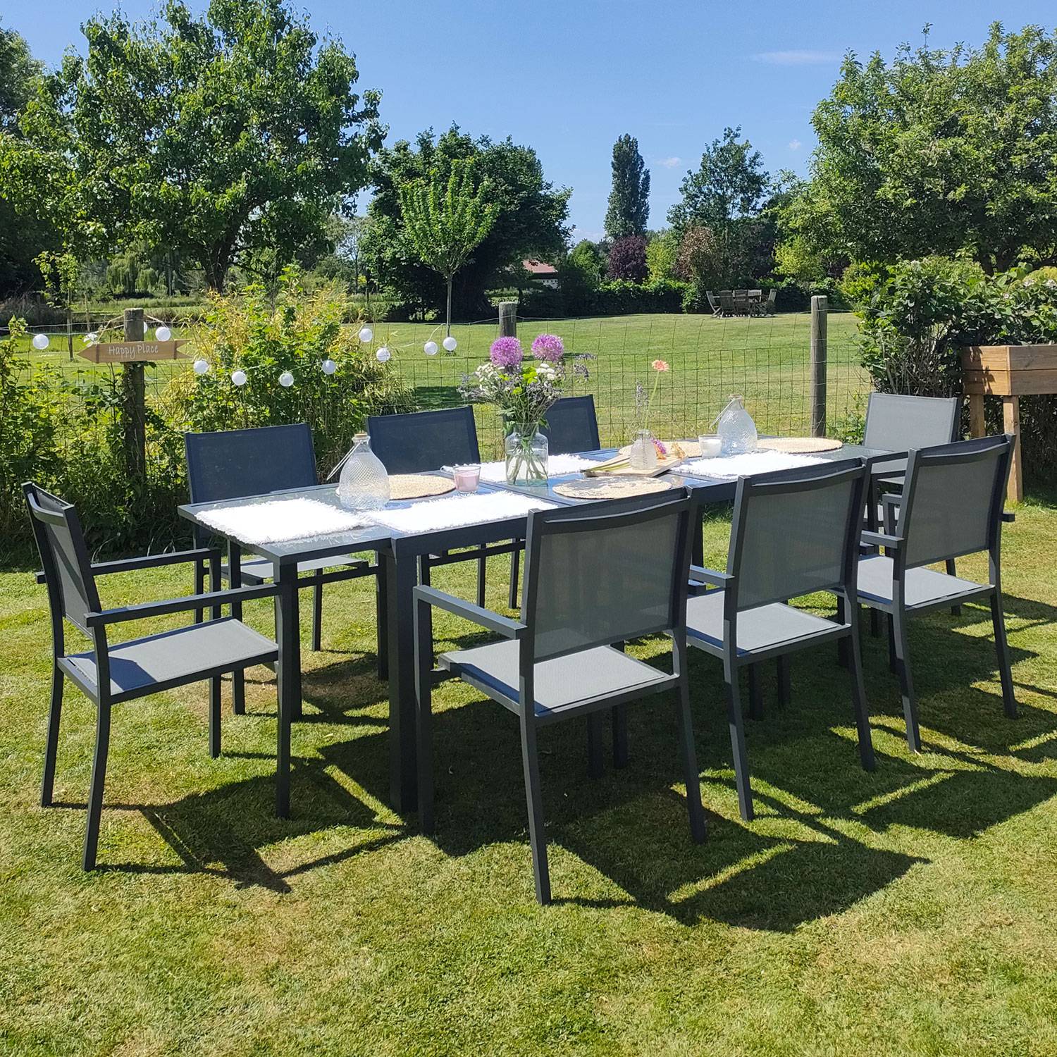 Happy Garden - Salon de jardin FIRENZE extensible en textilène gris 8 places - aluminium anthracite - HAPPY GARDEN - Imagen 2