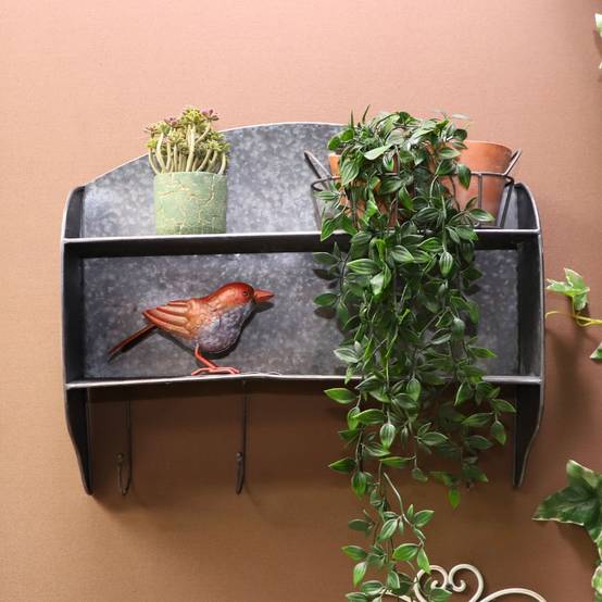 Etagère murale en zinc gris avec crochets 51 x 12 x 43 cm Chemin de campagne - Imagen 2