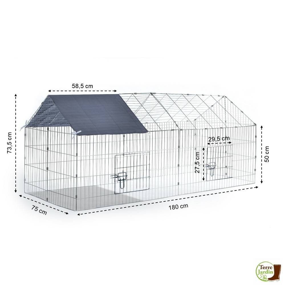 Cage enclos extérieur grillagé 75x180cm pour lapin, cochon d'inde, cobaye... - TERRE JARDIN - Image 2