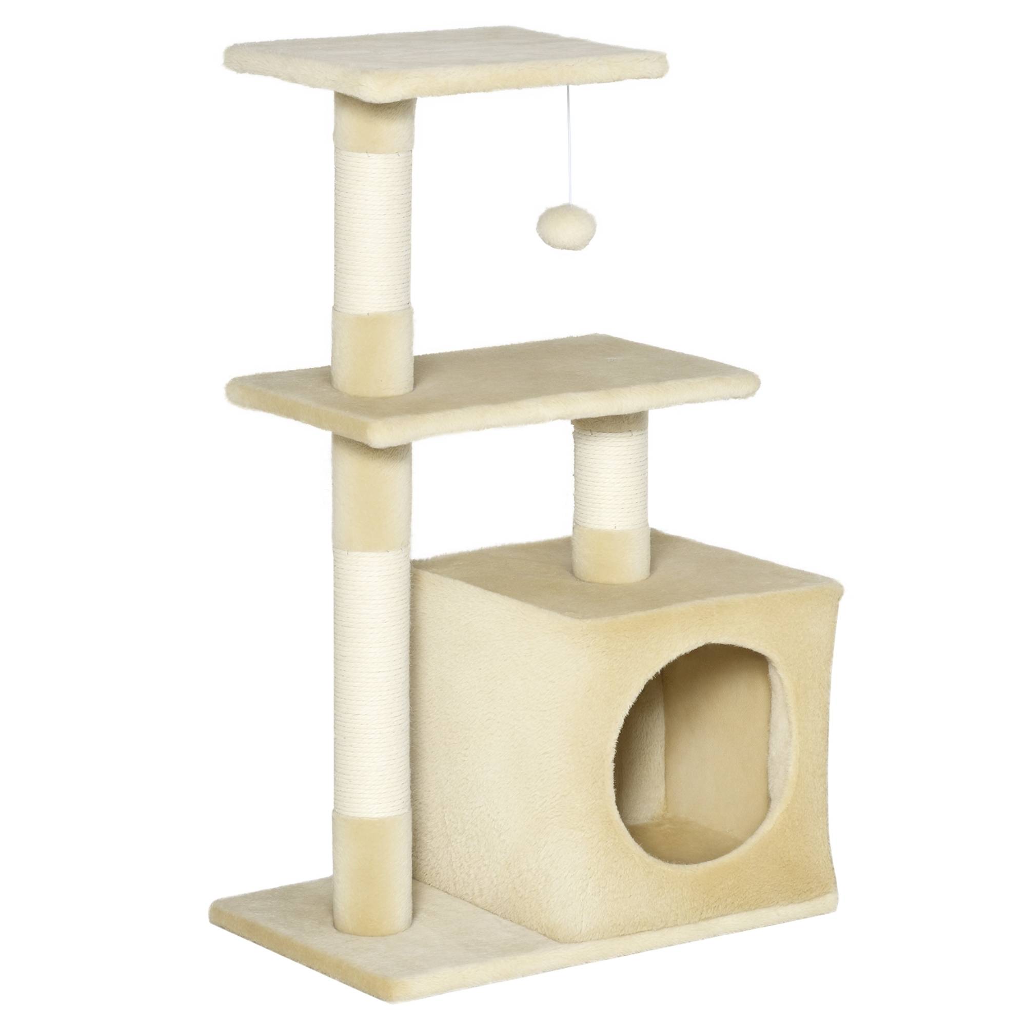 arbre à chat beige 50x30x81,5 cm poteaux sisal 2 plateformes grotte balle suspendue chat compact griffoir