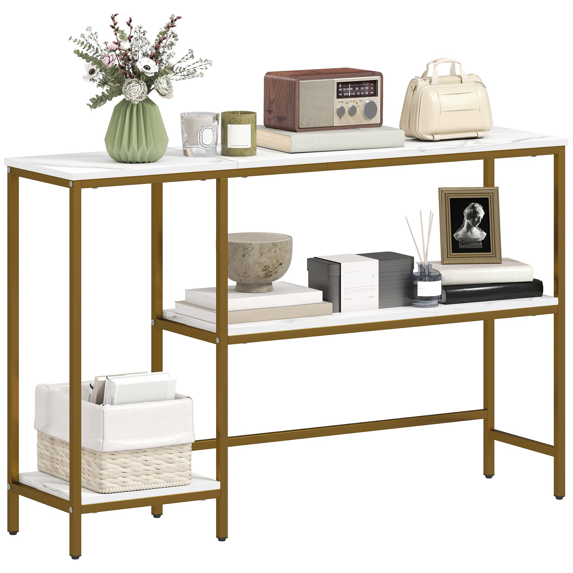 Console meuble 120 cm, table console 3 niveaux avec étagères de rangement, plateaux imitation marbre, blanc et doré