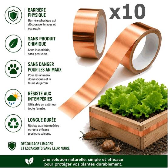 Tout pour les nuisibles - 10 Rubans de Cuivre Anti-Limaces et Escargots SOLU'LIMACES – Barrière Physique Adhésive pour Potager, Jardinières, Pots et Bacs de Culture – 4mx3cm - Image 2