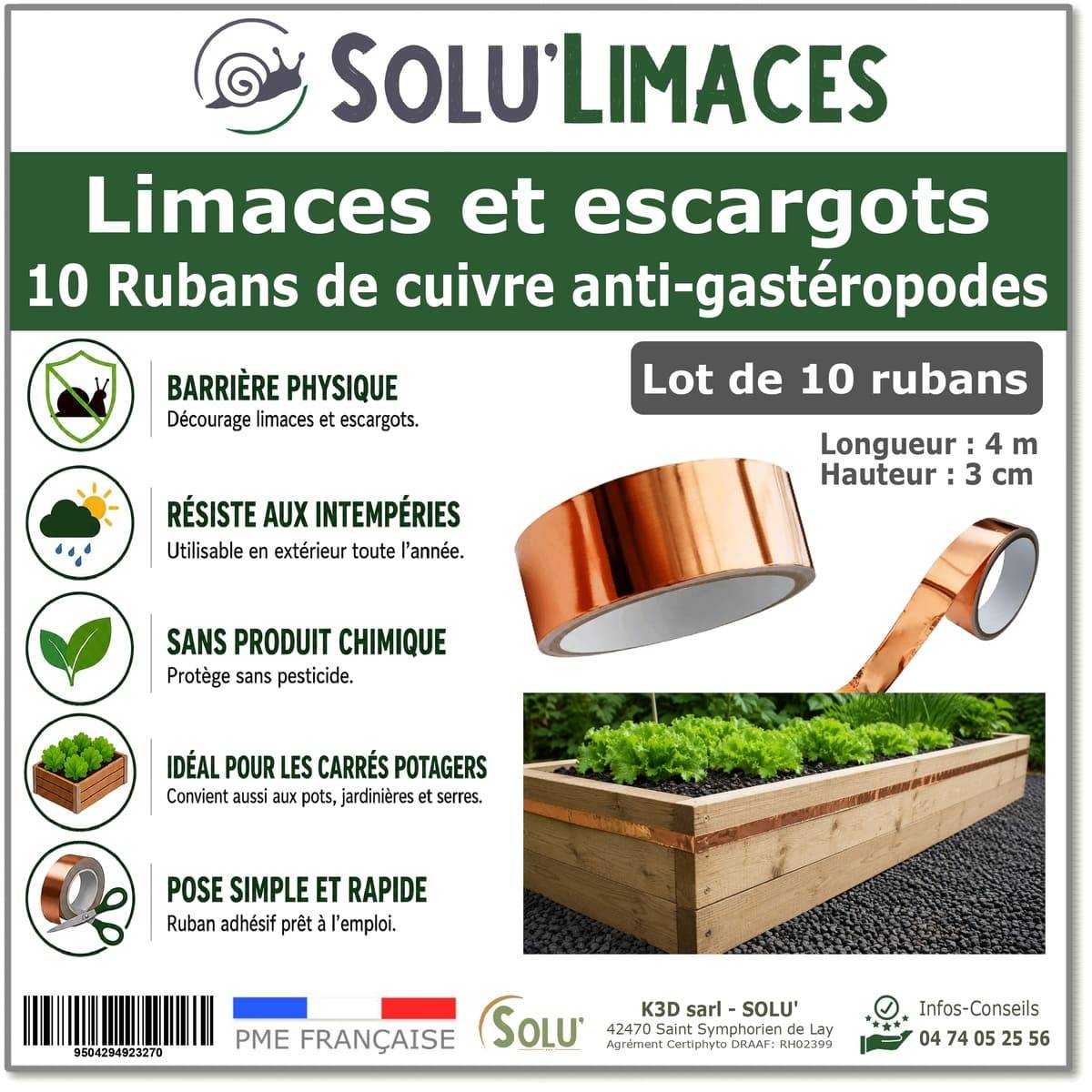 Tout pour les nuisibles - 10 Rubans de Cuivre Anti-Limaces et Escargots SOLU'LIMACES – Barrière Physique Adhésive pour Potager, Jardinières, Pots et Bacs de Culture – 4mx3cm