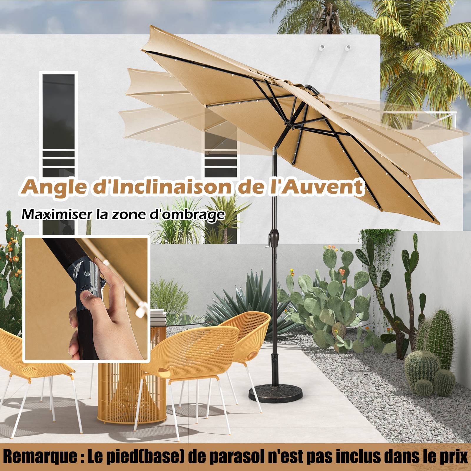 Costway - Parasol de Jardin Exterieur 3M, Parasol Inclinable 8 Baleines, Lumineux Solaire 24 LED, Manivelle, Anti-UV, Grand Parasol en Métal, Beige - Image 4