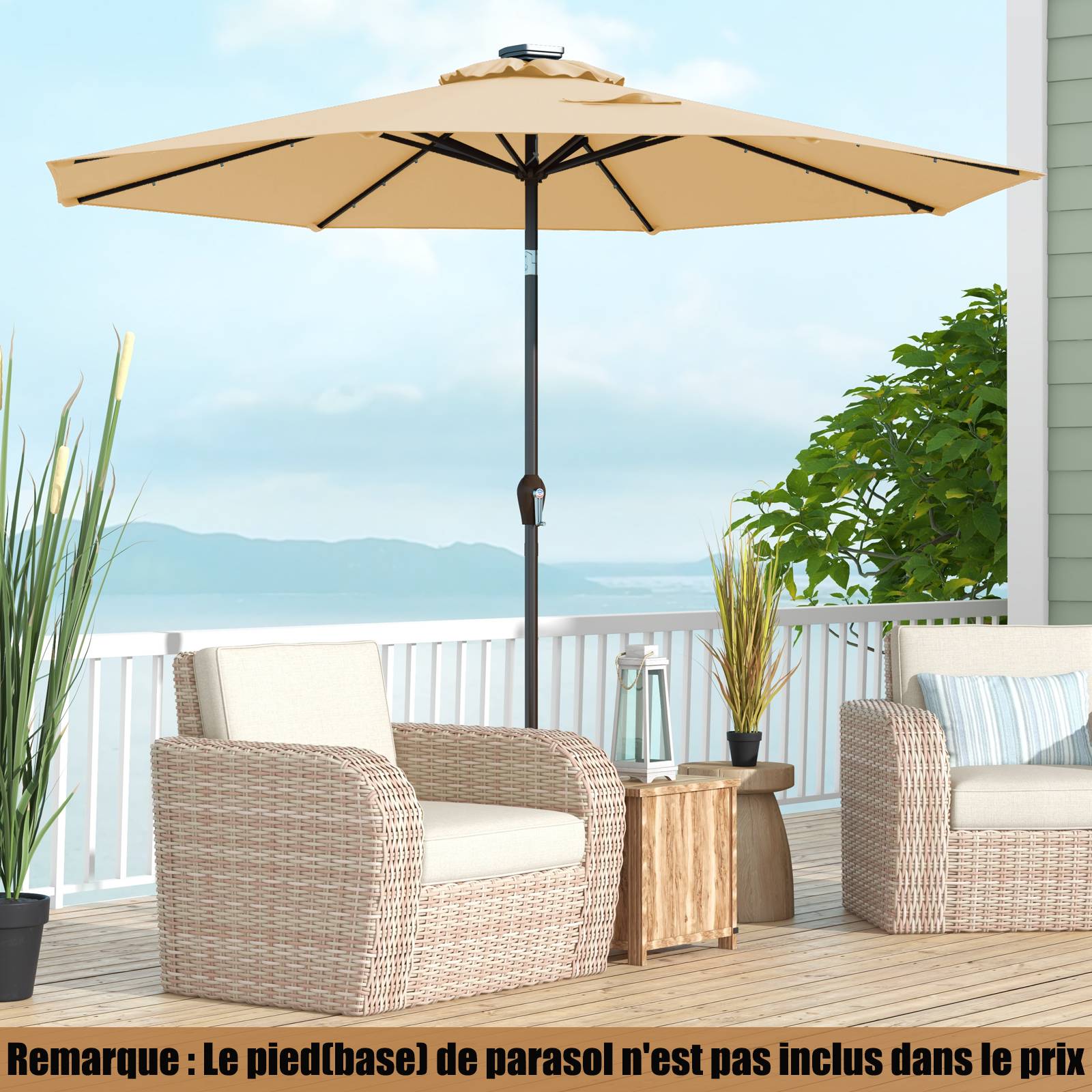 Costway - Parasol de Jardin Exterieur 3M, Parasol Inclinable 8 Baleines, Lumineux Solaire 24 LED, Manivelle, Anti-UV, Grand Parasol en Métal, Beige - Image 2