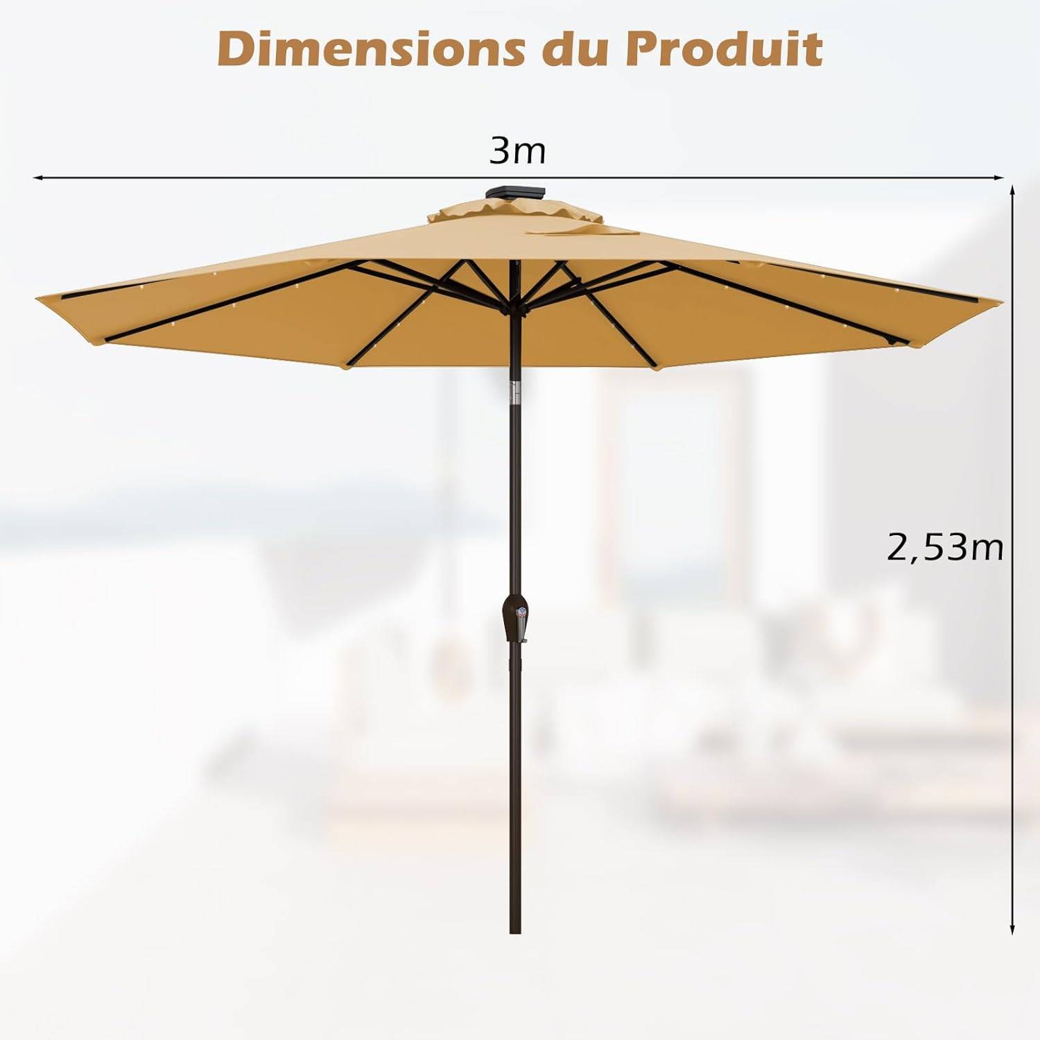 Costway - Parasol de Jardin Exterieur 3M, Parasol Inclinable 8 Baleines, Lumineux Solaire 24 LED, Manivelle, Anti-UV, Grand Parasol en Métal, Beige - Image 5