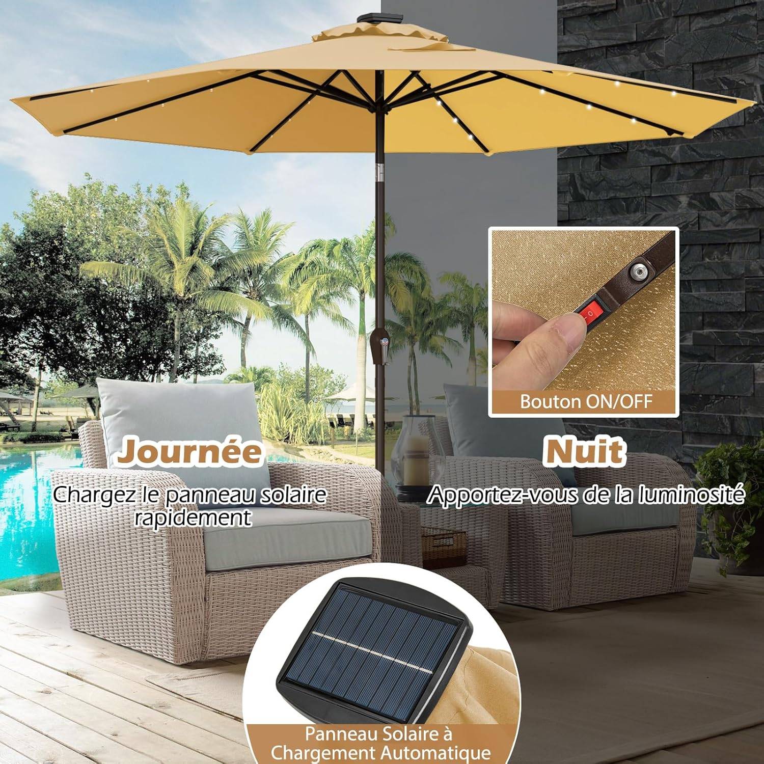 Costway - Parasol de Jardin Exterieur 3M, Parasol Inclinable 8 Baleines, Lumineux Solaire 24 LED, Manivelle, Anti-UV, Grand Parasol en Métal, Beige - Image 7