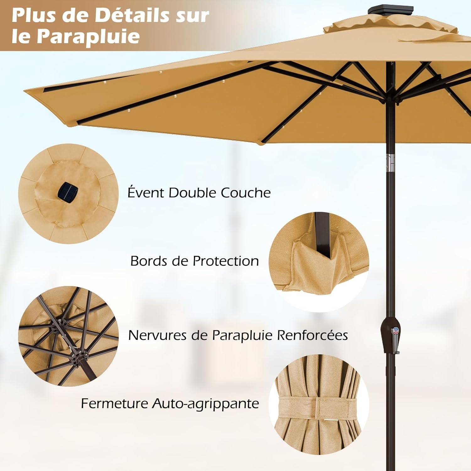 Costway - Parasol de Jardin Exterieur 3M, Parasol Inclinable 8 Baleines, Lumineux Solaire 24 LED, Manivelle, Anti-UV, Grand Parasol en Métal, Beige - Image 9