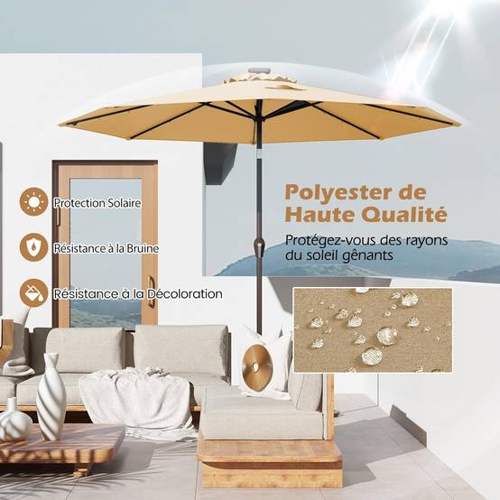 Costway - Parasol de Jardin Exterieur 3M, Parasol Inclinable 8 Baleines, Lumineux Solaire 24 LED, Manivelle, Anti-UV, Grand Parasol en Métal, Beige - Image 6